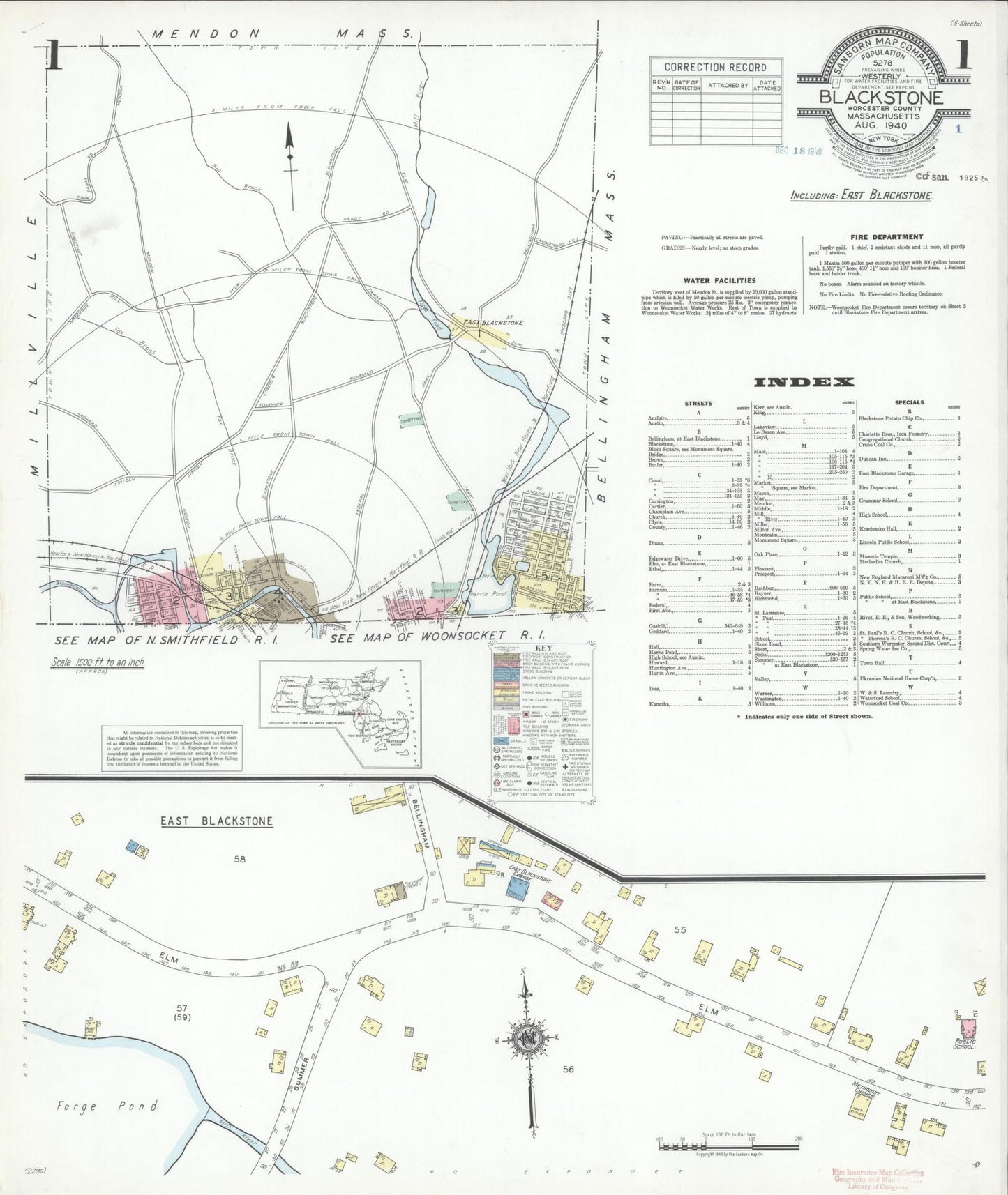 Sanborn Fire Insurance Map from Blackstone, Worcester County, Massachusetts (1940), Sheet #0001 - Historic Sanborn Fire Insurance Map Print, vintage old map wall art, antique decor, genealogy gift, Massachusetts Massachusetts map