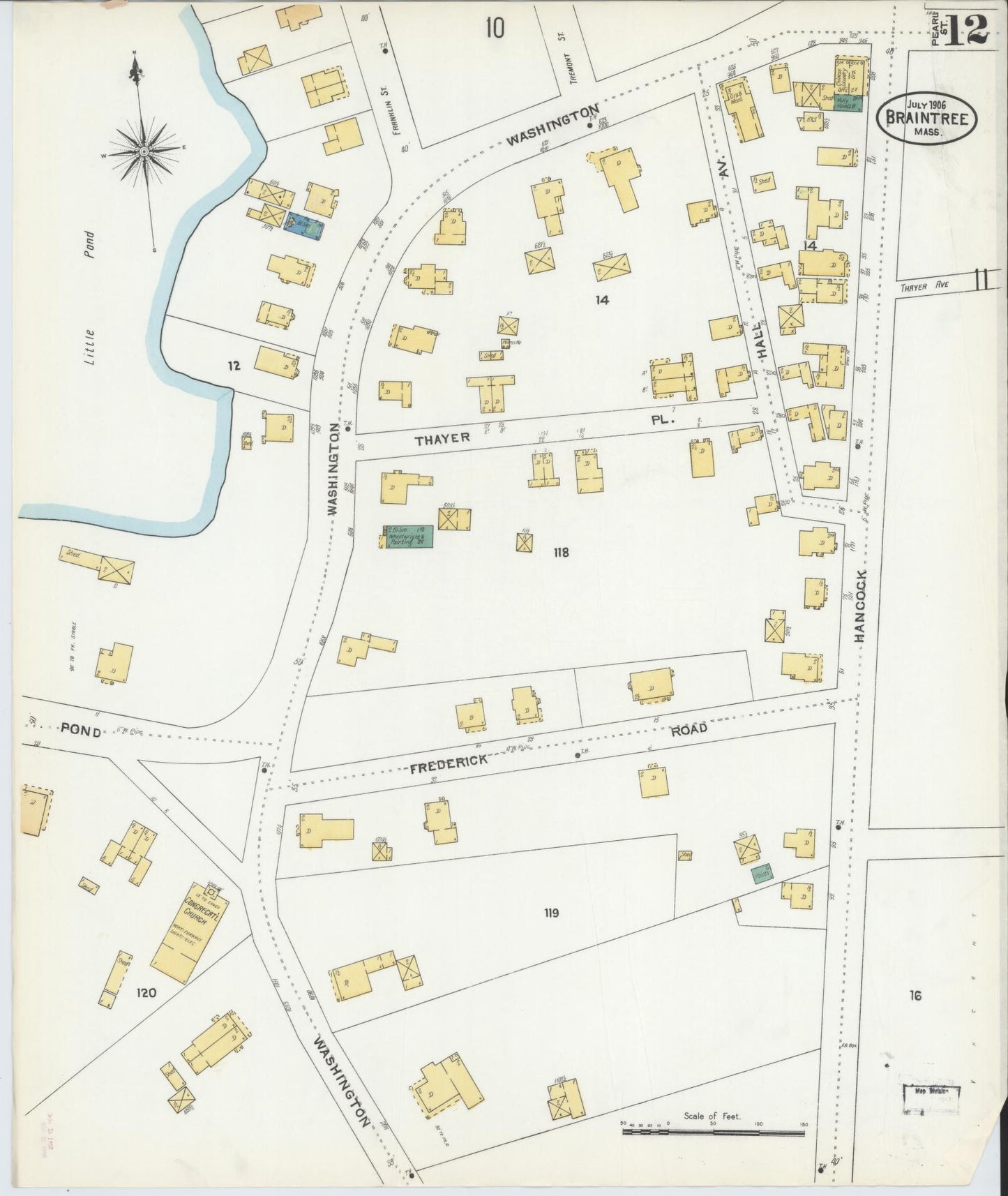 Sanborn Fire Insurance Map from Braintree, Norfolk County, Massachusetts (1906), Sheet #0012 - Historic Sanborn Fire Insurance Map Print, vintage old map wall art, antique decor, genealogy gift, Massachusetts Massachusetts map