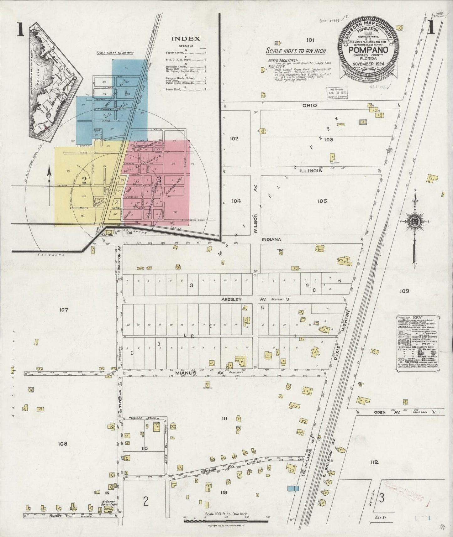 Sanborn Fire Insurance Map from Pompano, Broward County, Florida (1924), Sheet #0001 - Historic Sanborn Fire Insurance Map Print, vintage old map wall art, antique decor, genealogy gift, Florida Florida map
