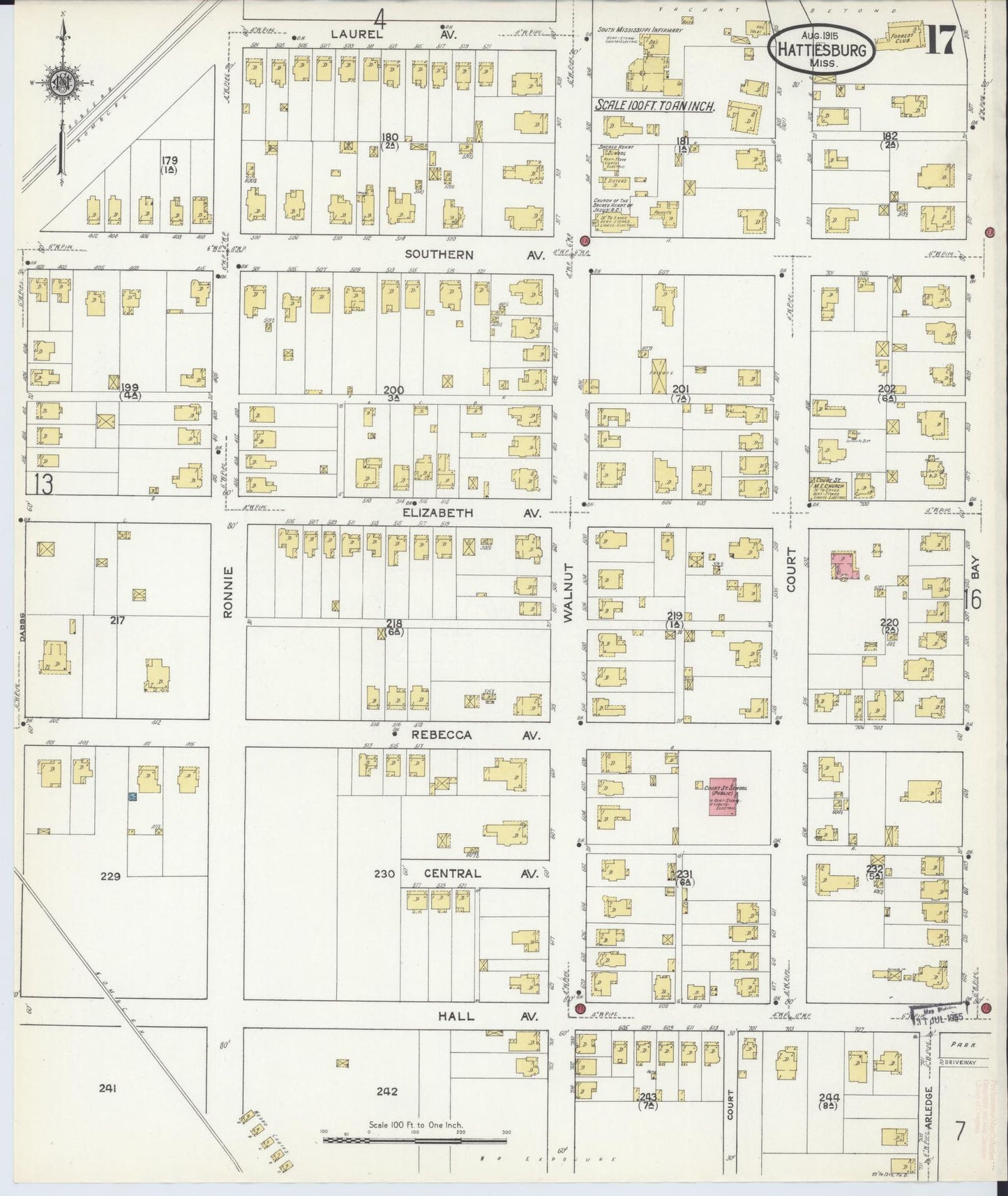 Sanborn Fire Insurance Map from Hattiesburg, Forrest County, Mississippi (1915), Sheet #0017 - Historic Sanborn Fire Insurance Map Print, vintage old map wall art, antique decor, genealogy gift, Mississippi Mississippi map