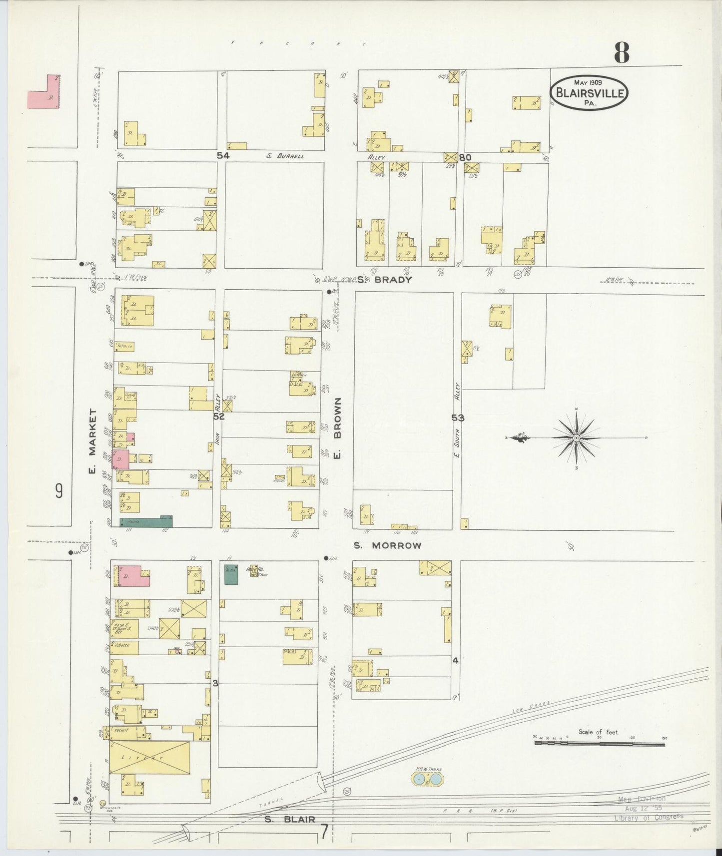 Sanborn Fire Insurance Map from Blairsville, Indiana County, Pennsylvania (1909), Sheet #0008 - Historic Sanborn Fire Insurance Map Print, vintage old map wall art, antique decor, genealogy gift, Pennsylvania Pennsylvania map