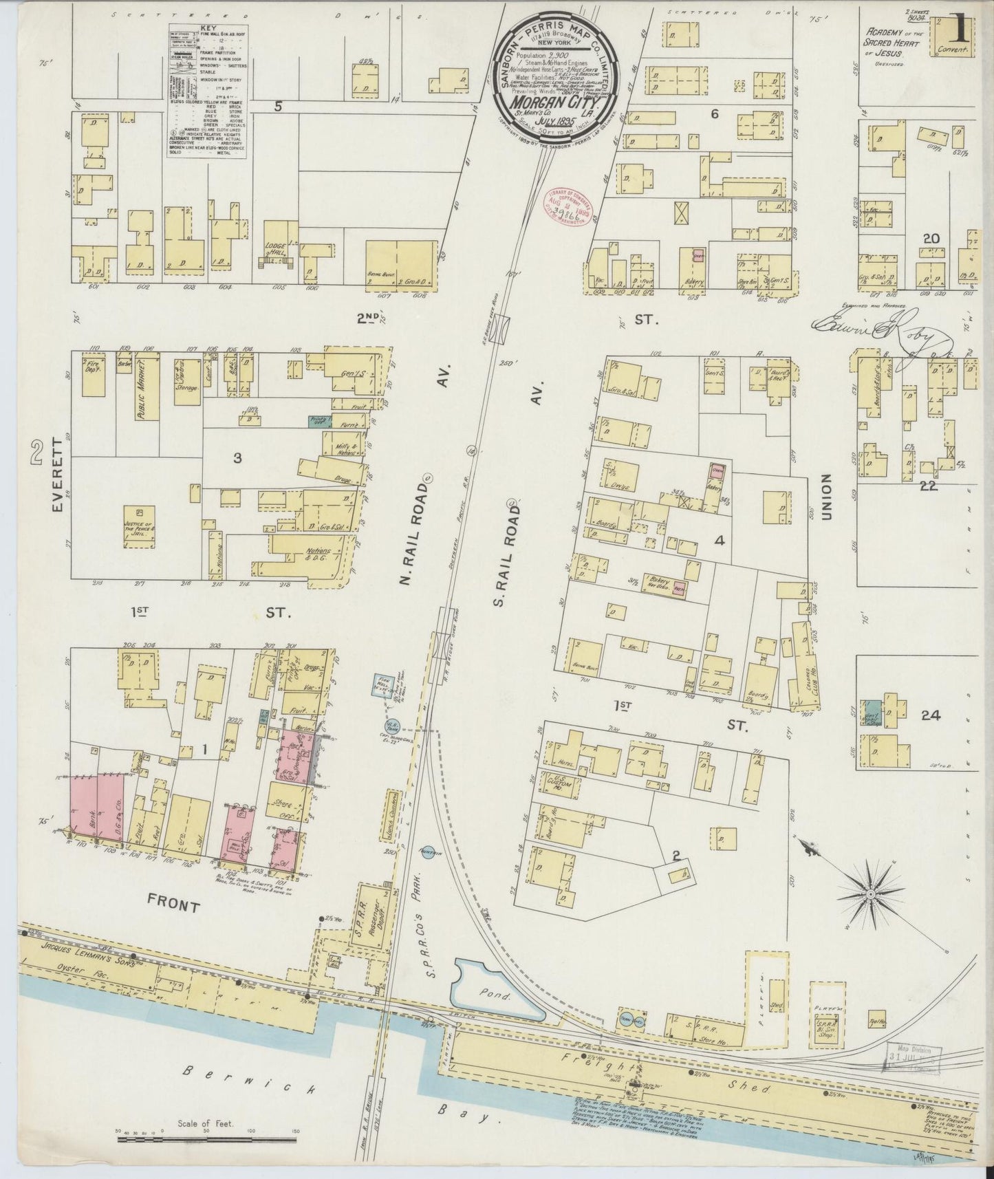 Sanborn Fire Insurance Map from Morgan City, Saint Mary Parish, Louisiana (1895), Sheet #0001 - Historic Sanborn Fire Insurance Map Print, vintage old map wall art, antique decor, genealogy gift, Louisiana Louisiana map