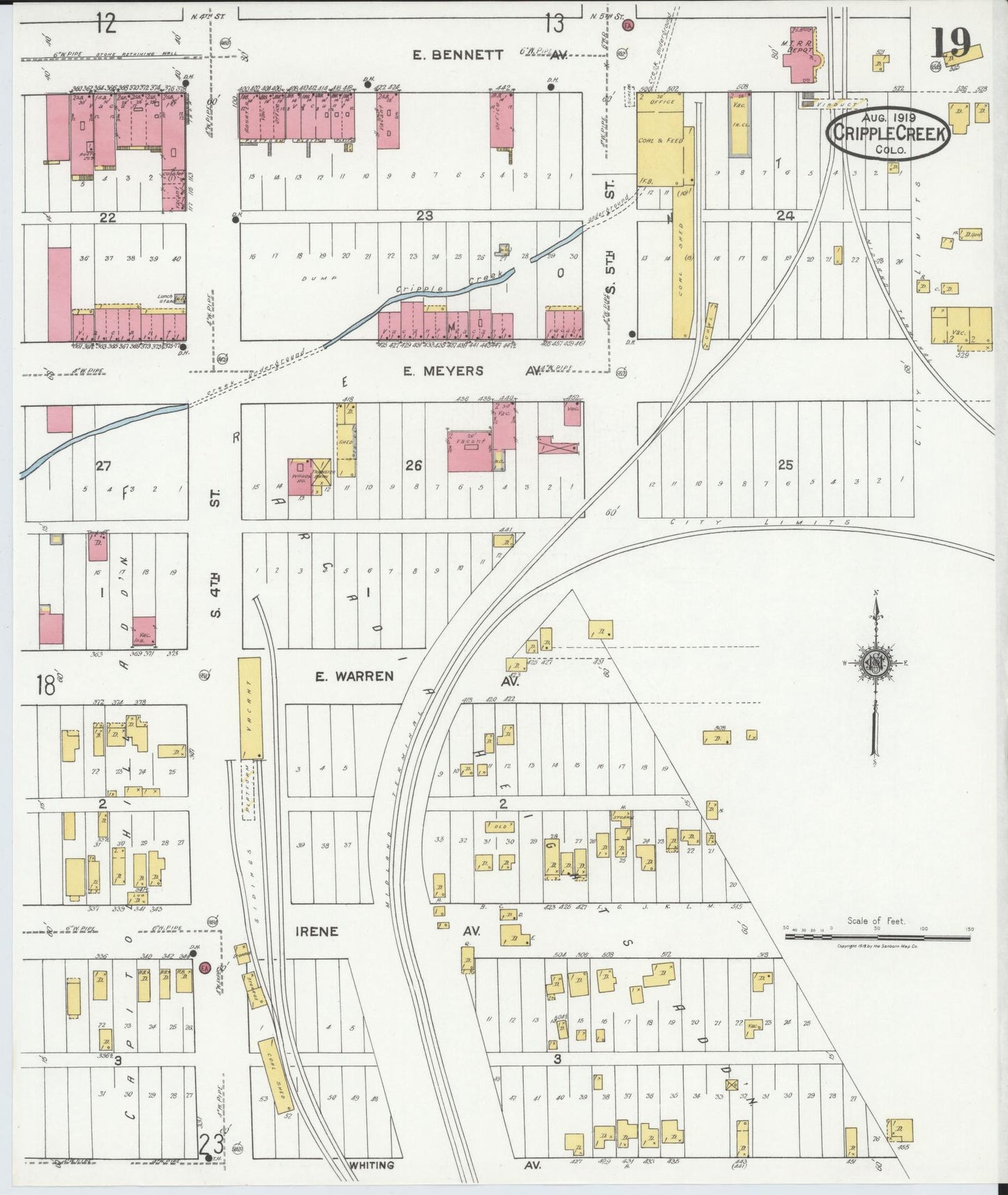 Sanborn Fire Insurance Map from Cripple Creek, Teller County, Colorado (1919), Sheet #0019 - Historic Sanborn Fire Insurance Map Print, vintage old map wall art, antique decor, genealogy gift, Colorado Colorado map