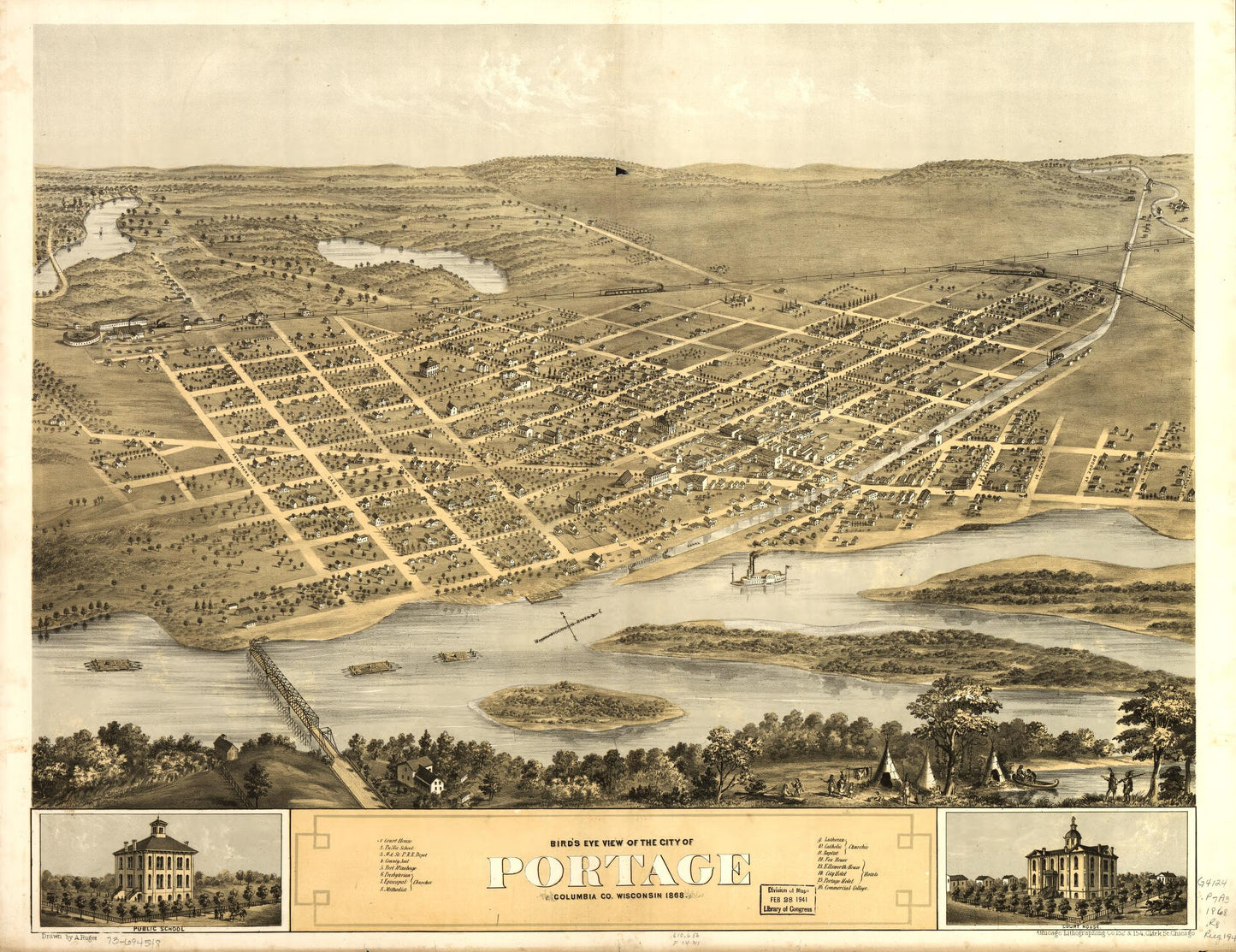 Bird's eye view of the city of Portage, Columbia Co., Wisconsin 1868. (1868) – Historic Bird’s-Eye View Panorama Print