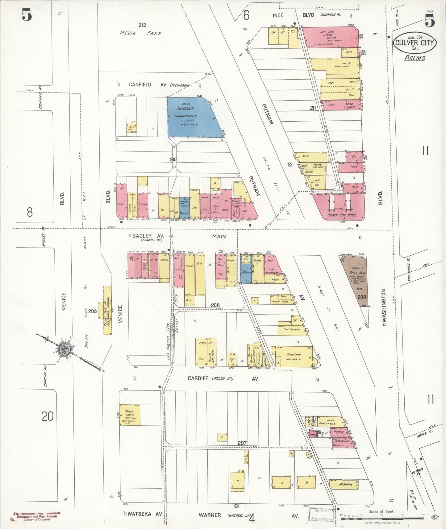 Sanborn Fire Insurance Map from Culver City, Los Angeles County, California (1924), Sheet #0005 - Historic Sanborn Fire Insurance Map Print, vintage old map wall art, antique decor, genealogy gift, California California map