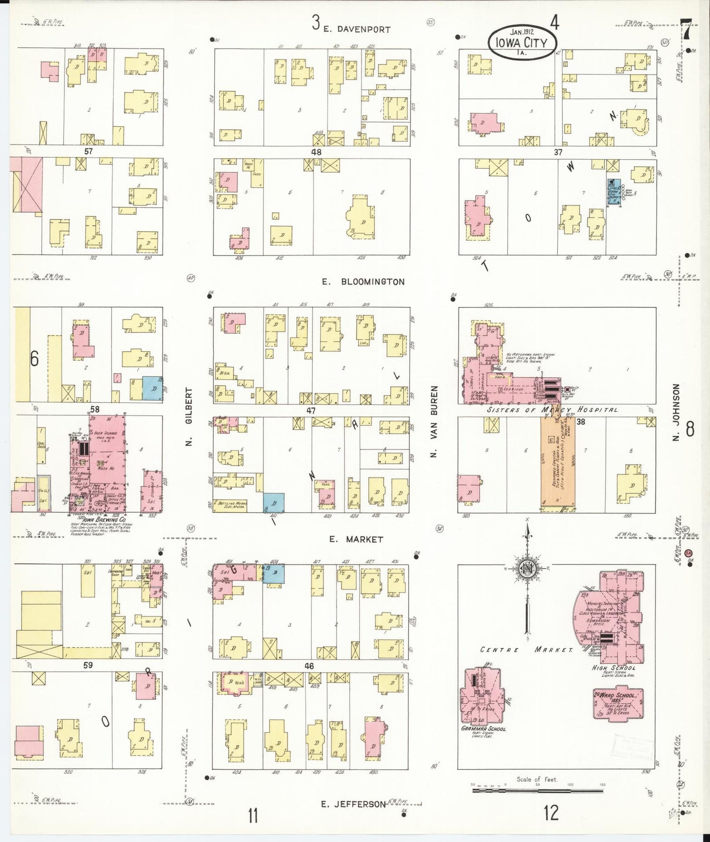 Sanborn Fire Insurance Map from Iowa City, Johnson County, Iowa (1912), Sheet #0007 - Historic Sanborn Fire Insurance Map Print, vintage old map wall art