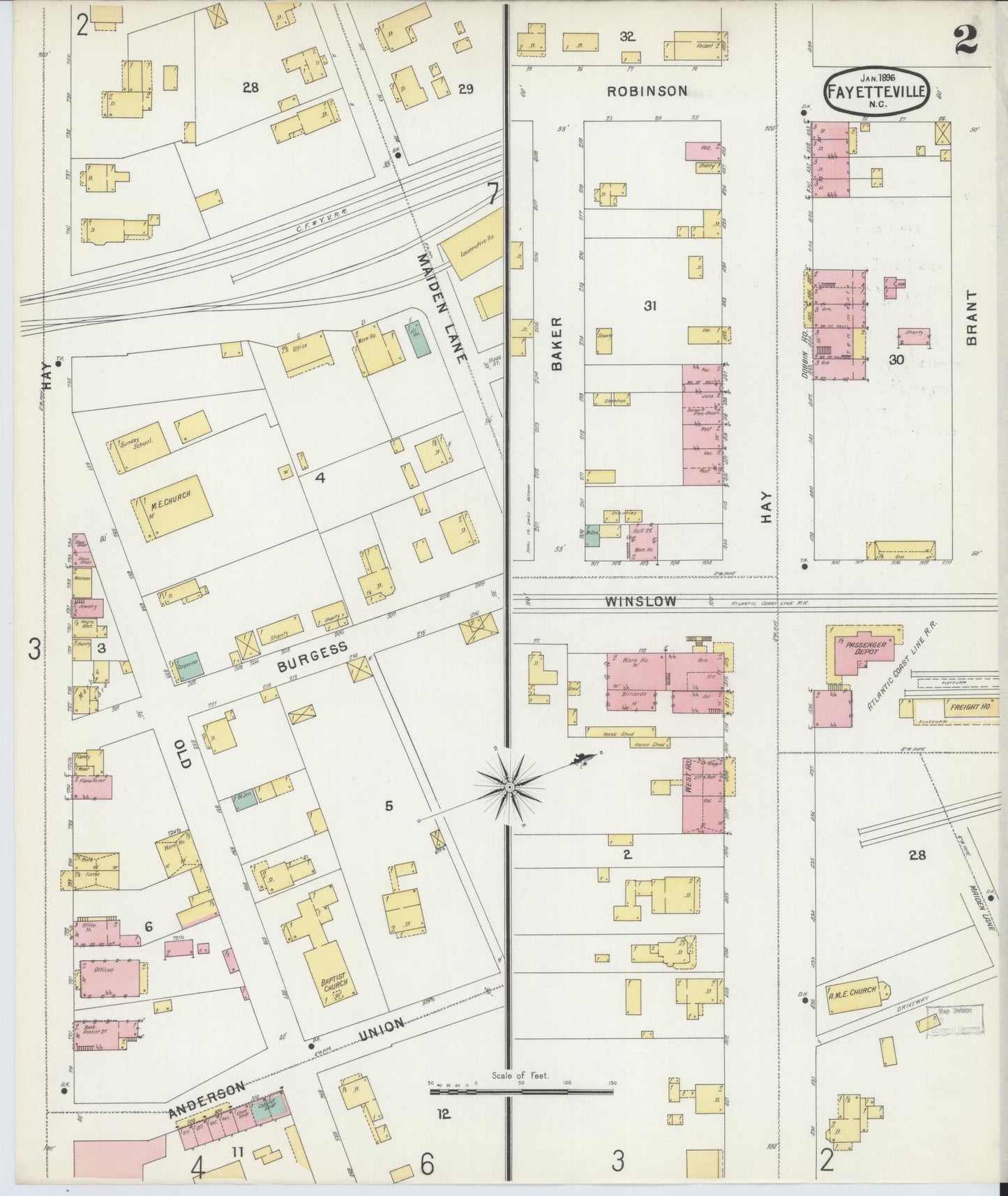 Sanborn Fire Insurance Map from Fayetteville, Cumberland County, North Carolina (1896), Sheet #0002 - Historic Sanborn Fire Insurance Map Print, vintage old map wall art, antique decor, genealogy gift, North Carolina North Carolina map