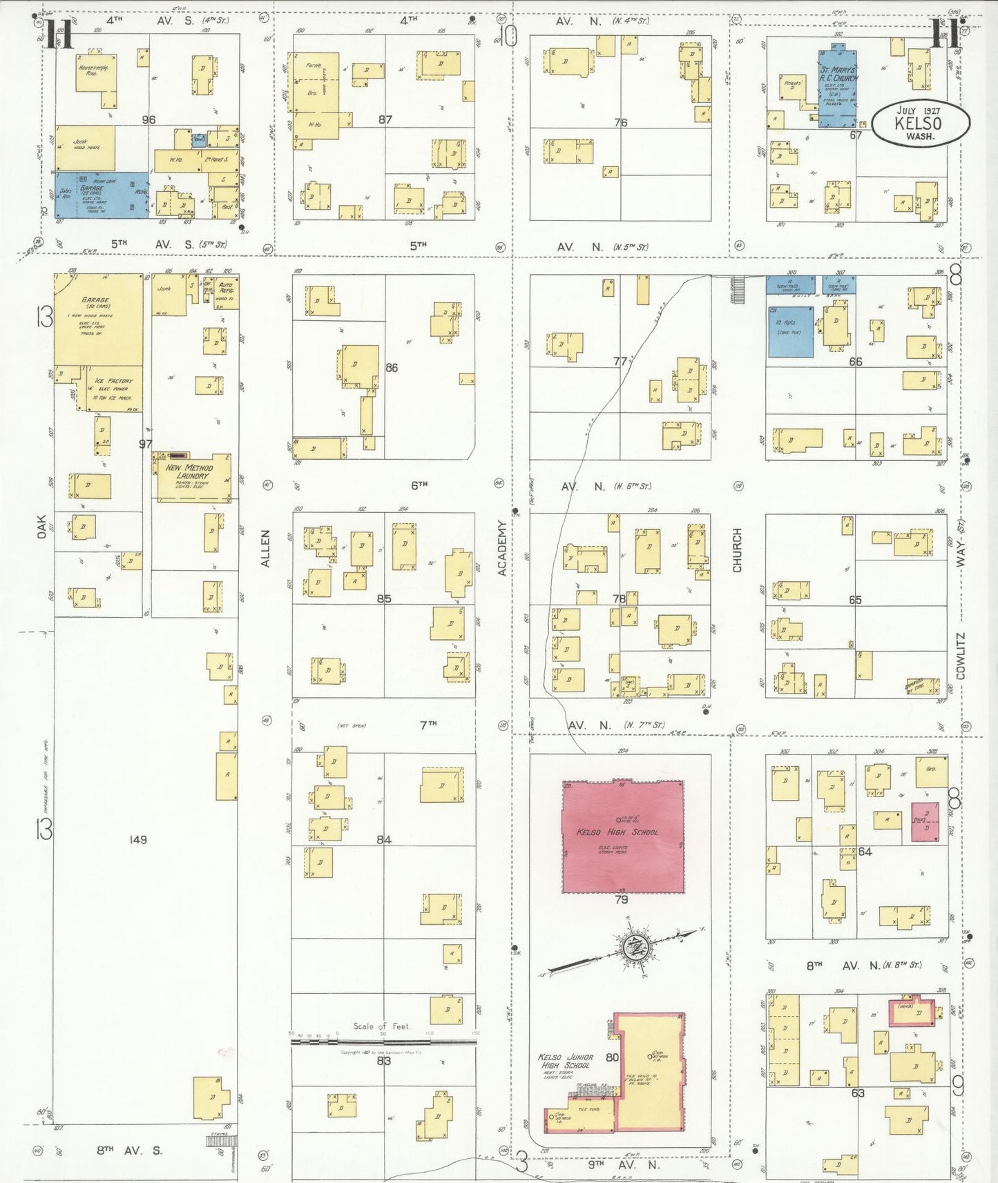 Sanborn Fire Insurance Map from Kelso, Cowlitz County, Washington (1927), Sheet #0011 - Historic Sanborn Fire Insurance Map Print, vintage old map wall art, antique decor, genealogy gift, Washington Washington map