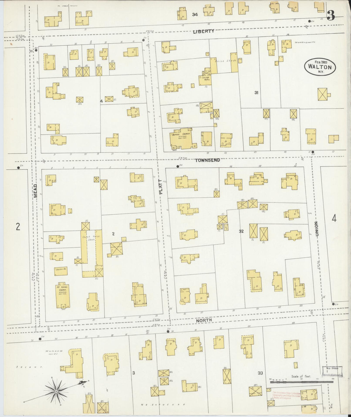 Sanborn Fire Insurance Map from Walton, Delaware County, New York (1903), Sheet #0003 - Historic Sanborn Fire Insurance Map Print, vintage old map wall art, antique decor, genealogy gift, Walton Delaware map