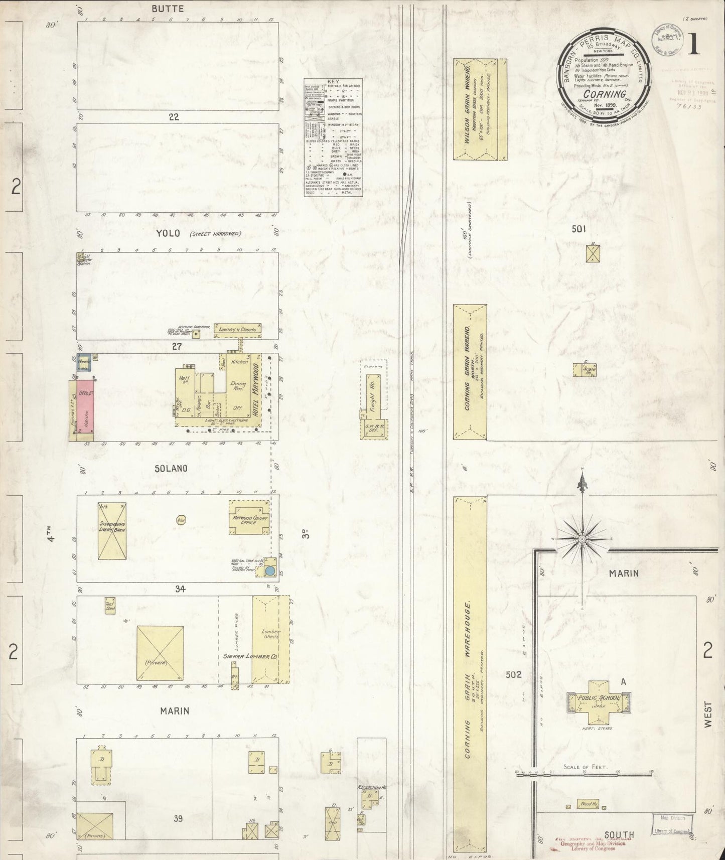 Sanborn Fire Insurance Map from Corning, Tehama County, California (1899), Sheet #0001 - Historic Sanborn Fire Insurance Map Print, vintage old map wall art, antique decor, genealogy gift, California California map