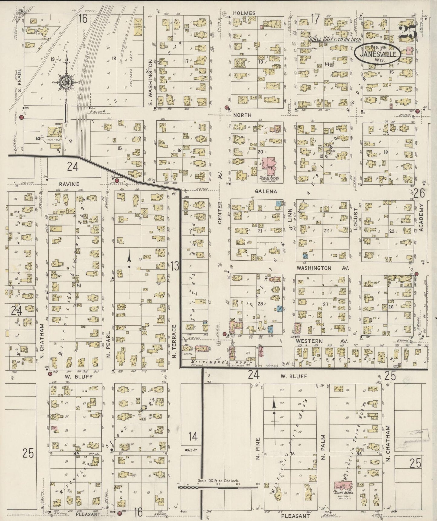 Sanborn Fire Insurance Map from Janesville, Rock County, Wisconsin (1915), Sheet #0025 - Historic Sanborn Fire Insurance Map Print, vintage old map wall art, antique decor, genealogy gift, Wisconsin Wisconsin map