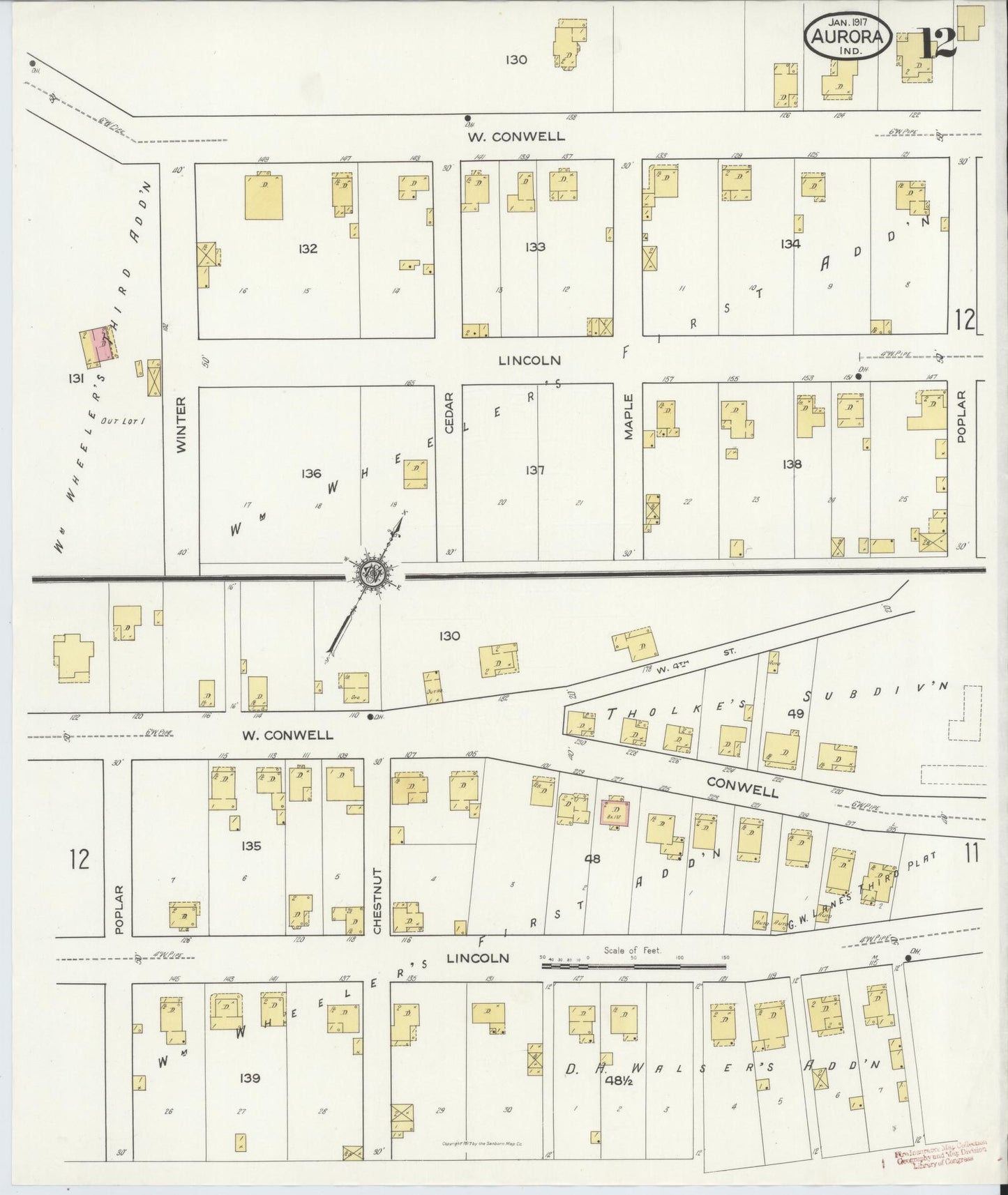 Sanborn Fire Insurance Map from Aurora, Dearborn County, Indiana (1917), Sheet #0012 - Historic Sanborn Fire Insurance Map Print, vintage old map wall art, antique decor, genealogy gift, Indiana Indiana map