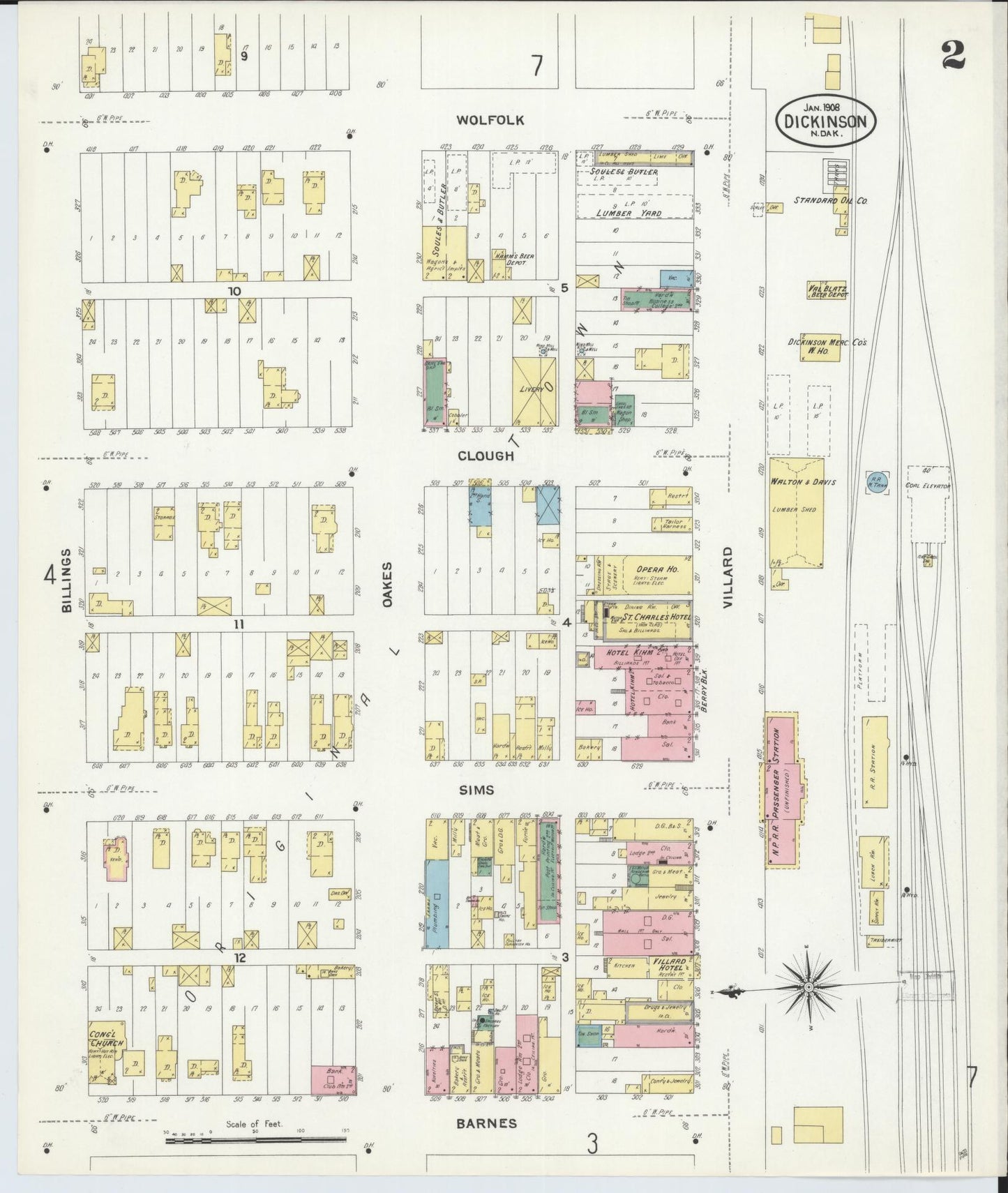 Sanborn Fire Insurance Map from Dickinson, Stark County, North Dakota (1908), Sheet #0002 - Historic Sanborn Fire Insurance Map Print, vintage old map wall art, antique decor, genealogy gift, North Dakota North Dakota map