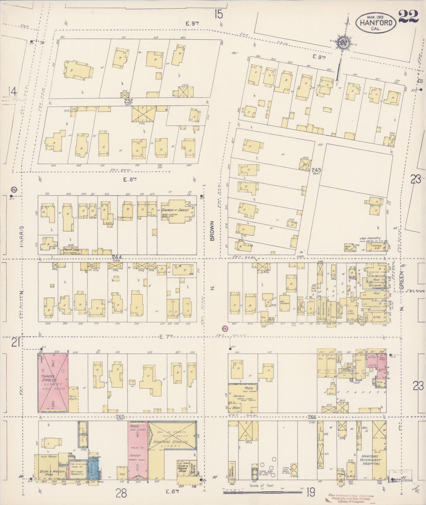 Sanborn Fire Insurance Map from Hanford, Kings County, California (1913), Sheet #0022 - Historic Sanborn Fire Insurance Map Print, vintage old map wall art, antique decor, genealogy gift, California California map