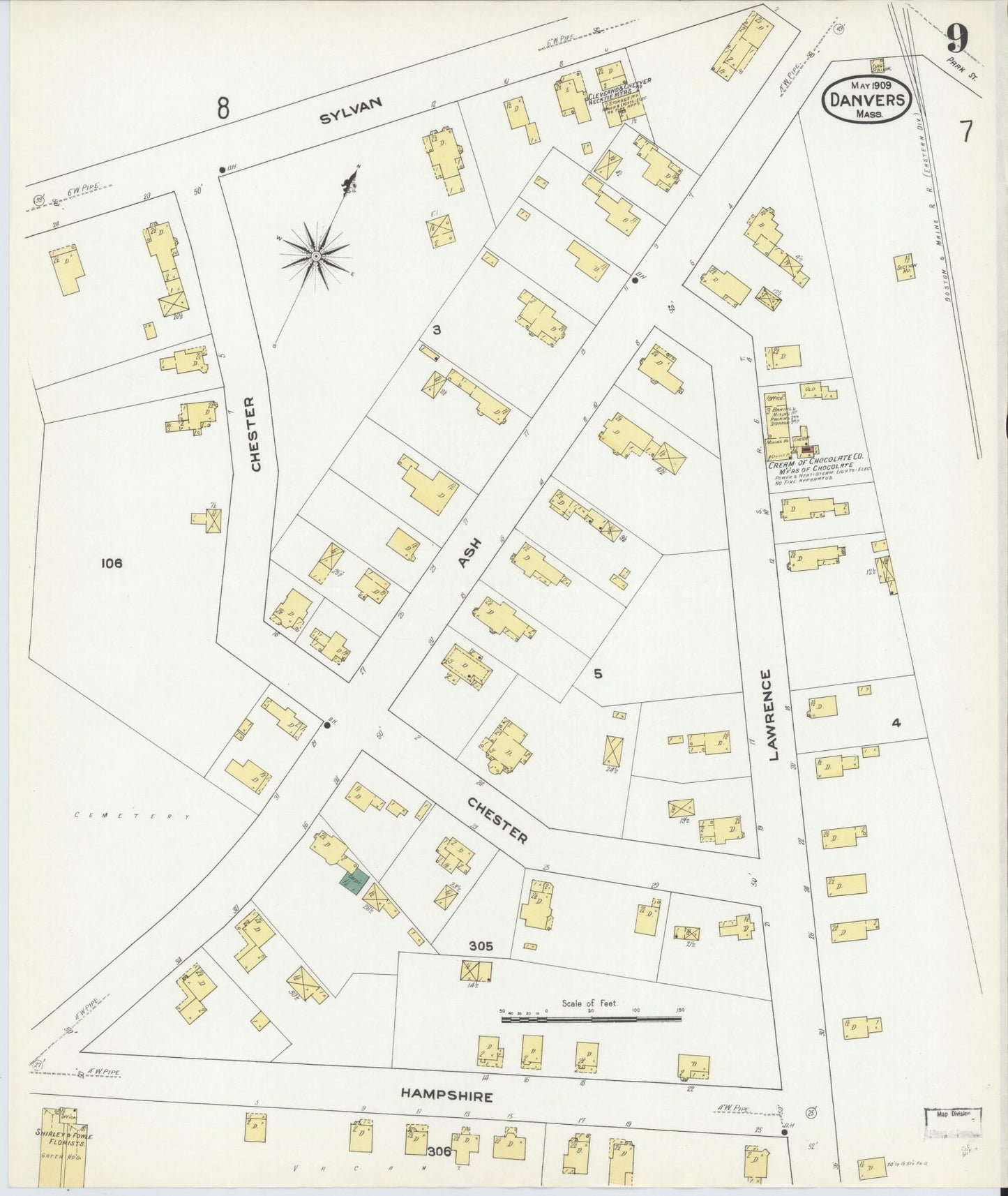 Sanborn Fire Insurance Map from Danvers, Essex County, Massachusetts (1909), Sheet #0009 - Historic Sanborn Fire Insurance Map Print, vintage old map wall art, antique decor, genealogy gift, Massachusetts Massachusetts map