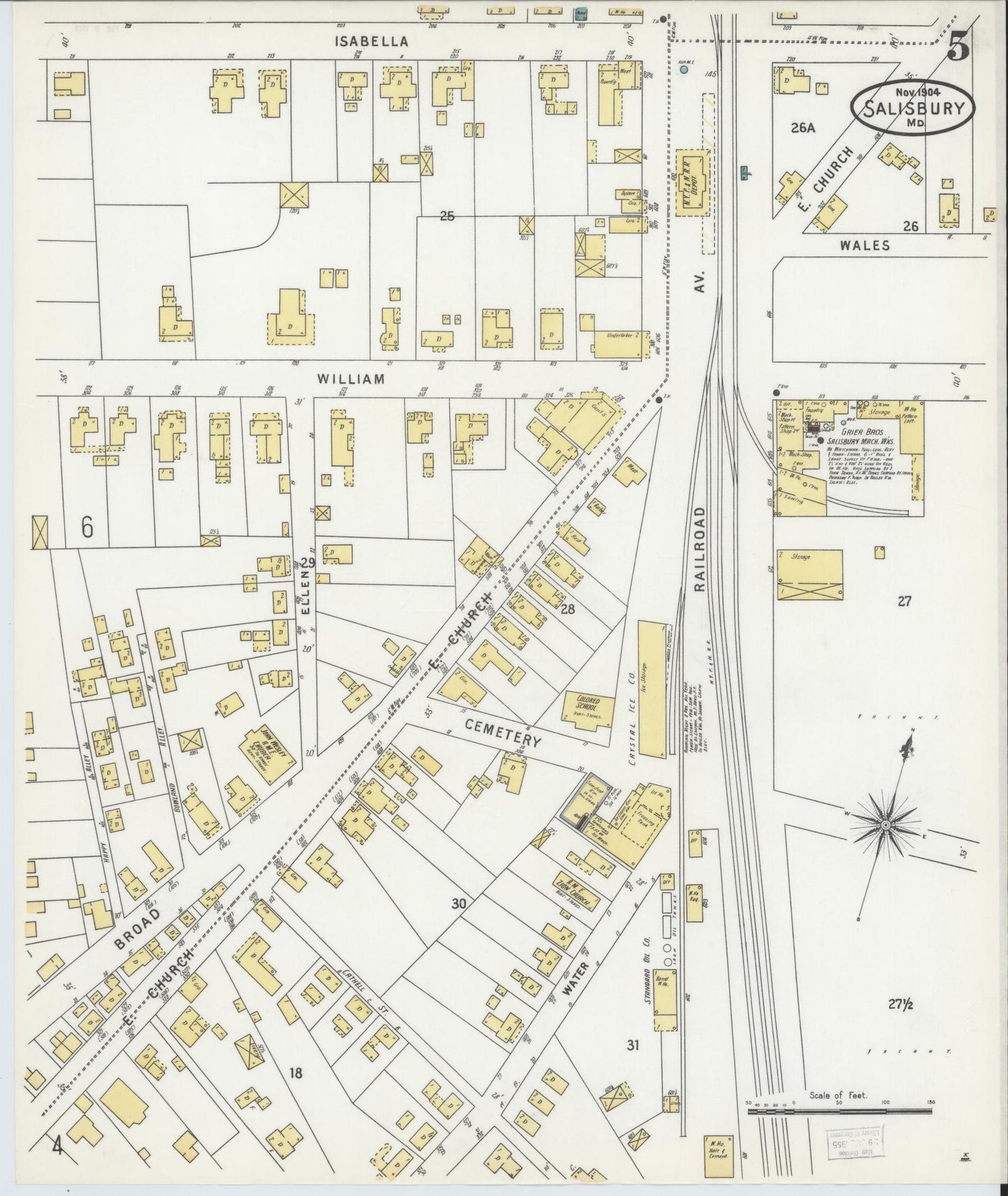 Sanborn Fire Insurance Map from Salisbury, Wicomico County, Maryland (1904), Sheet #0005 - Historic Sanborn Fire Insurance Map Print, vintage old map wall art, antique decor, genealogy gift, Maryland Maryland map