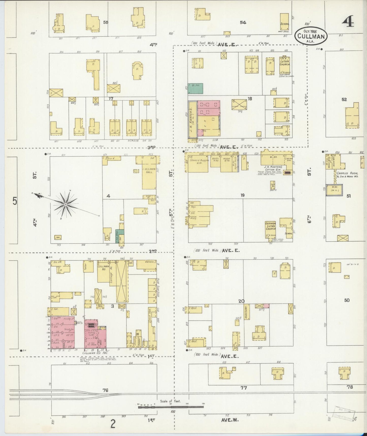 Sanborn Fire Insurance Map from Cullman, Cullman County, Alabama (1905), Sheet #0004 - Historic Sanborn Fire Insurance Map Print, vintage old map wall art, antique decor, genealogy gift, Alabama Alabama map