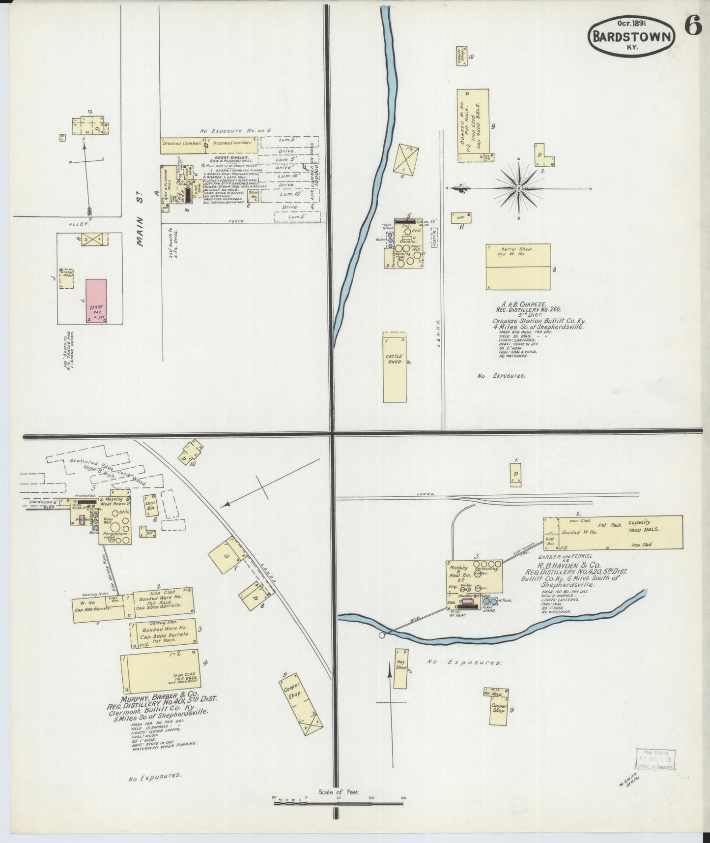 Sanborn Fire Insurance Map from Bardstown, Nelson County, Kentucky (1891), Sheet #0006 - Historic Sanborn Fire Insurance Map Print, vintage old map wall art, antique decor, genealogy gift, Kentucky Kentucky map