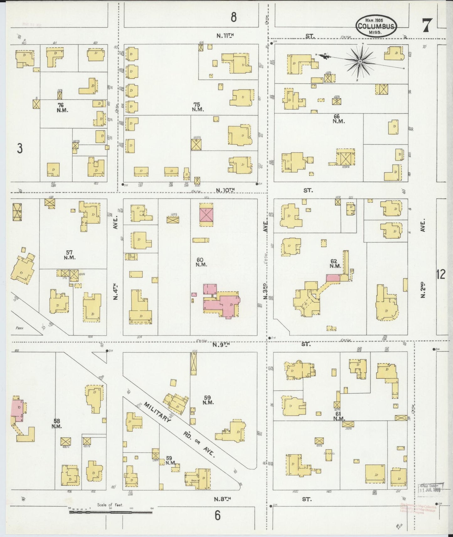 Sanborn Fire Insurance Map from Columbus, Lowndes County, Mississippi (1905), Sheet #0007 - Historic Sanborn Fire Insurance Map Print, vintage old map wall art, antique decor, genealogy gift, Mississippi Mississippi map