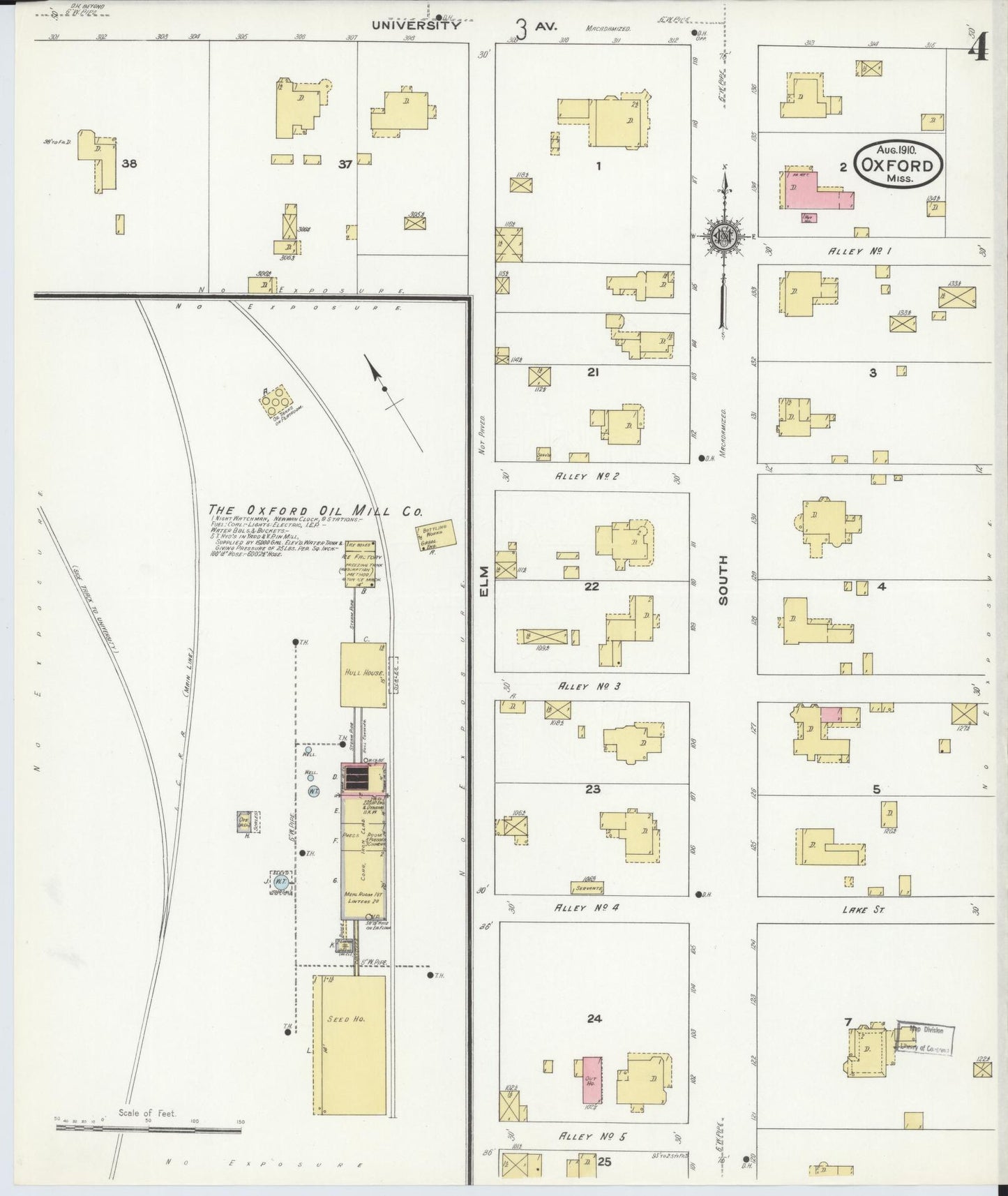Sanborn Fire Insurance Map from Oxford, Lafayette County, Mississippi (1910), Sheet #0004 - Historic Sanborn Fire Insurance Map Print, vintage old map wall art, antique decor, genealogy gift, Mississippi Mississippi map