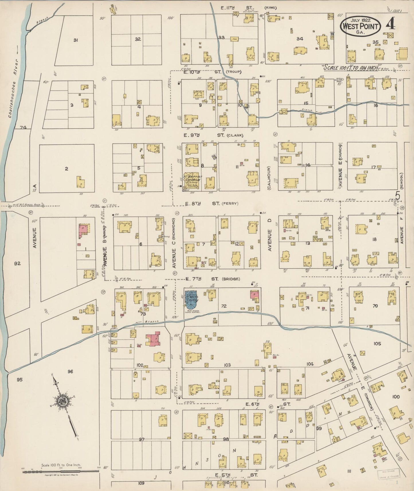 Sanborn Fire Insurance Map from West Point, Troup County, Georgia (1922), Sheet #0004 - Historic Sanborn Fire Insurance Map Print, vintage old map wall art, antique decor, genealogy gift, Alabama Alabama map