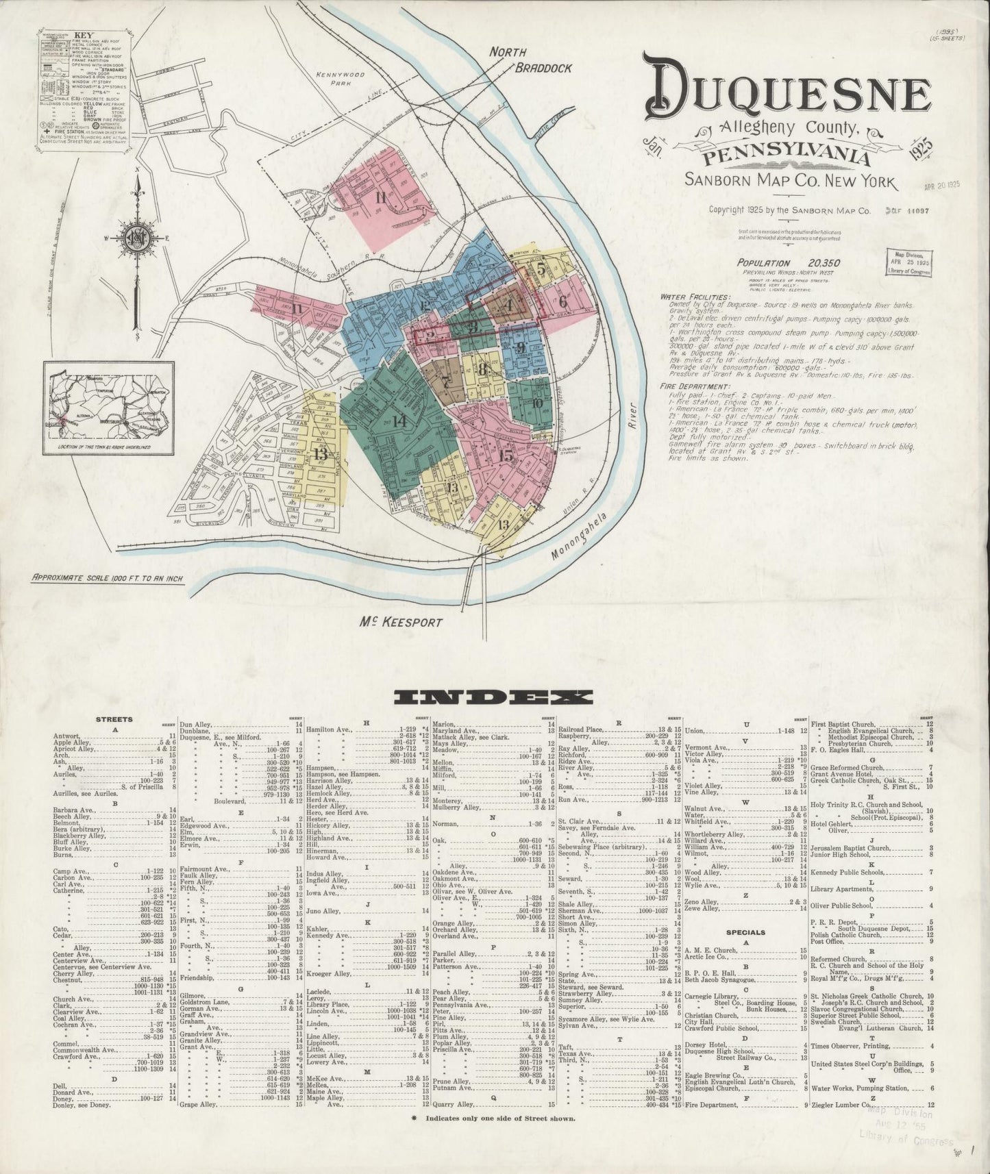 Sanborn Fire Insurance Map from Duquesne, Allegheny County, Pennsylvania (1925), Sheet #0001 - Historic Sanborn Fire Insurance Map Print, vintage old map wall art, antique decor, genealogy gift, Pennsylvania Pennsylvania map
