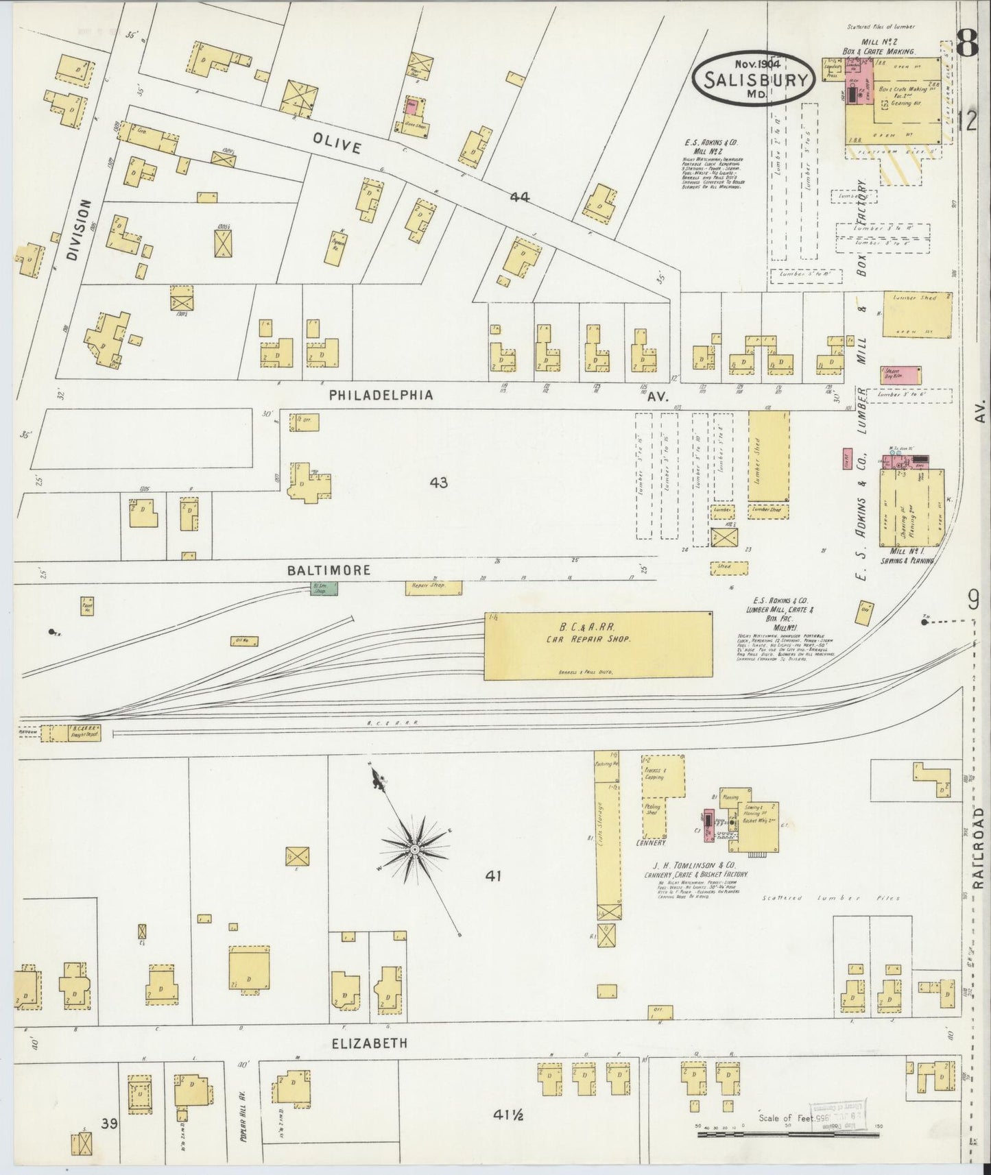 Sanborn Fire Insurance Map from Salisbury, Wicomico County, Maryland (1904), Sheet #0008 - Historic Sanborn Fire Insurance Map Print, vintage old map wall art