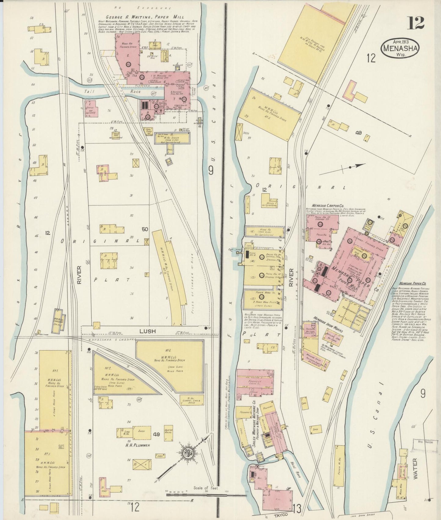 Sanborn Fire Insurance Map from Menasha, Winnebago County, Wisconsin (1913), Sheet #0012 - Historic Sanborn Fire Insurance Map Print, vintage old map wall art, antique decor, genealogy gift, Wisconsin Wisconsin map