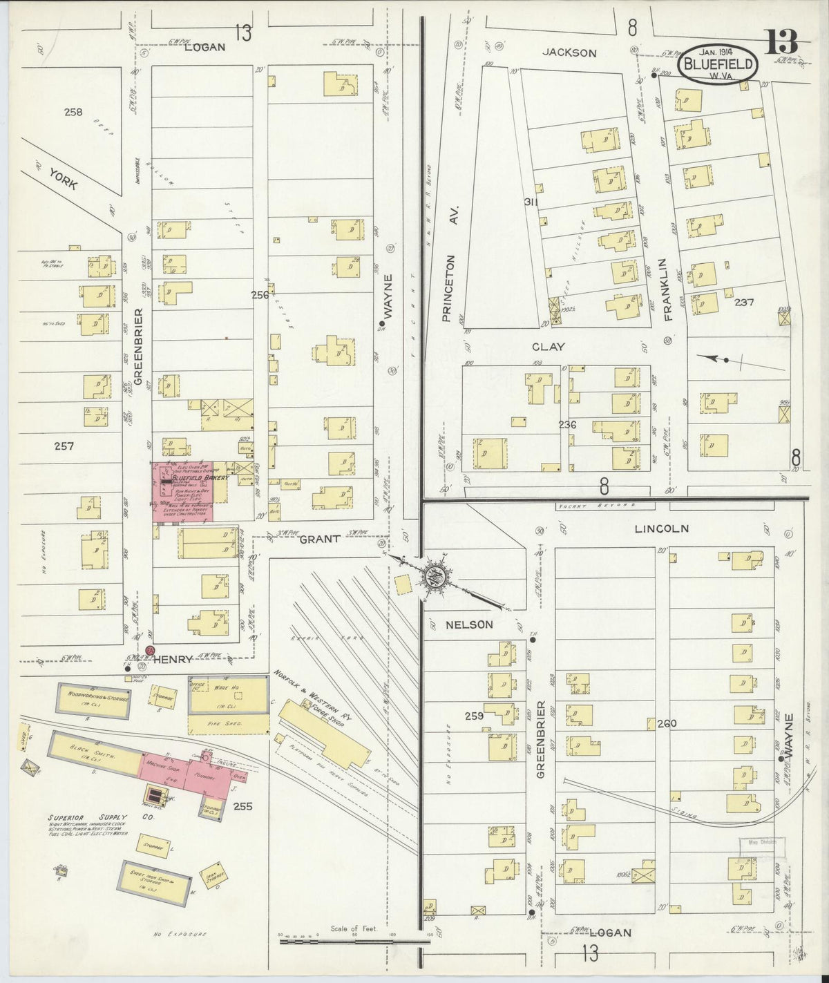 Sanborn Fire Insurance Map from Bluefield, Mercer County, West Virginia (1914), Sheet #0013 - Historic Sanborn Fire Insurance Map Print, vintage old map wall art, antique decor, genealogy gift, West Virginia West Virginia map