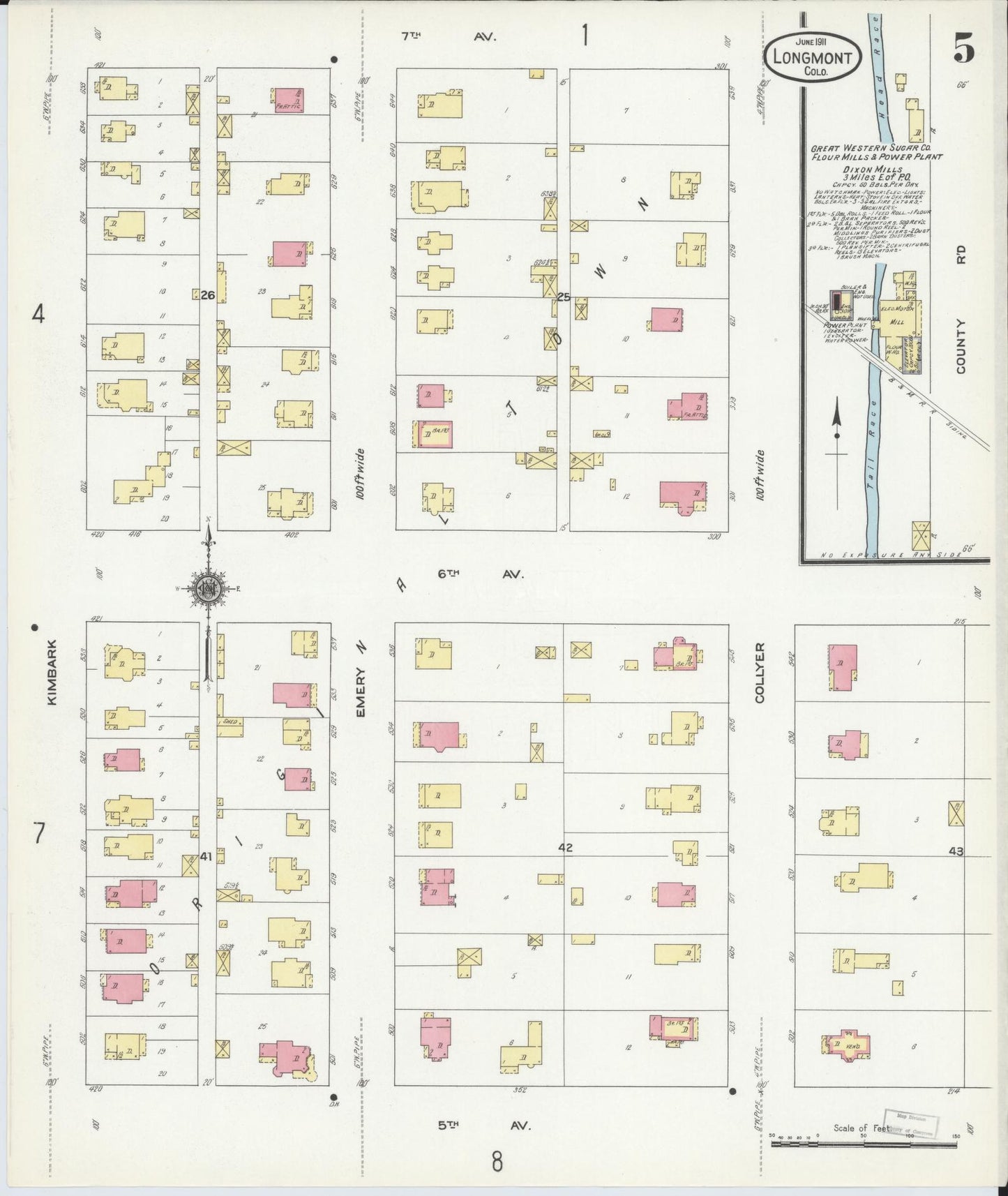 Sanborn Fire Insurance Map from Longmont, Boulder County, Colorado (1911), Sheet #0005 - Historic Sanborn Fire Insurance Map Print, vintage old map wall art, antique decor, genealogy gift, Colorado Colorado map
