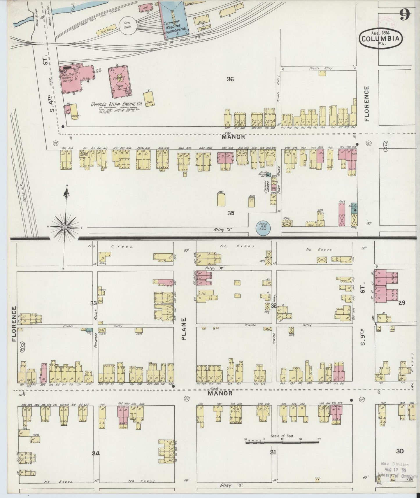 Sanborn Fire Insurance Map from Columbia, Lancaster County, Pennsylvania (1894), Sheet #0009 - Historic Sanborn Fire Insurance Map Print, vintage old map wall art, antique decor, genealogy gift, Pennsylvania Pennsylvania map