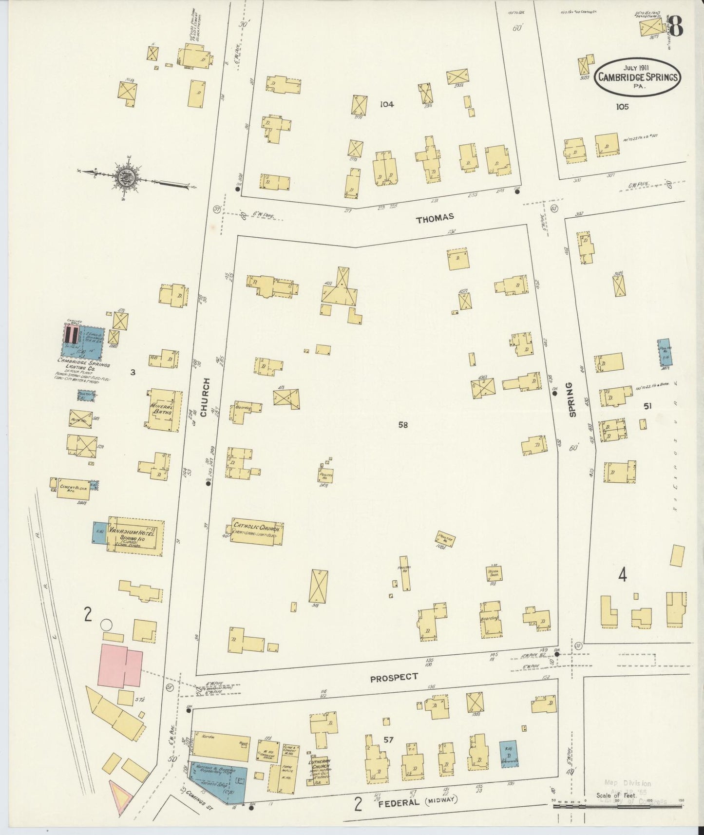 Sanborn Fire Insurance Map from Cambridge Springs, Crawford County, Pennsylvania (1911), Sheet #0008 - Historic Sanborn Fire Insurance Map Print, vintage old map wall art, antique decor, genealogy gift, Pennsylvania Pennsylvania map