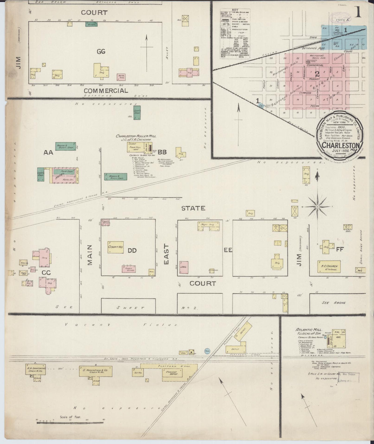 Sanborn Fire Insurance Map from Charleston, Mississippi County, Missouri (1886), Sheet #0001 - Historic Sanborn Fire Insurance Map Print, vintage old map wall art, antique decor, genealogy gift, Charleston Mississippi map