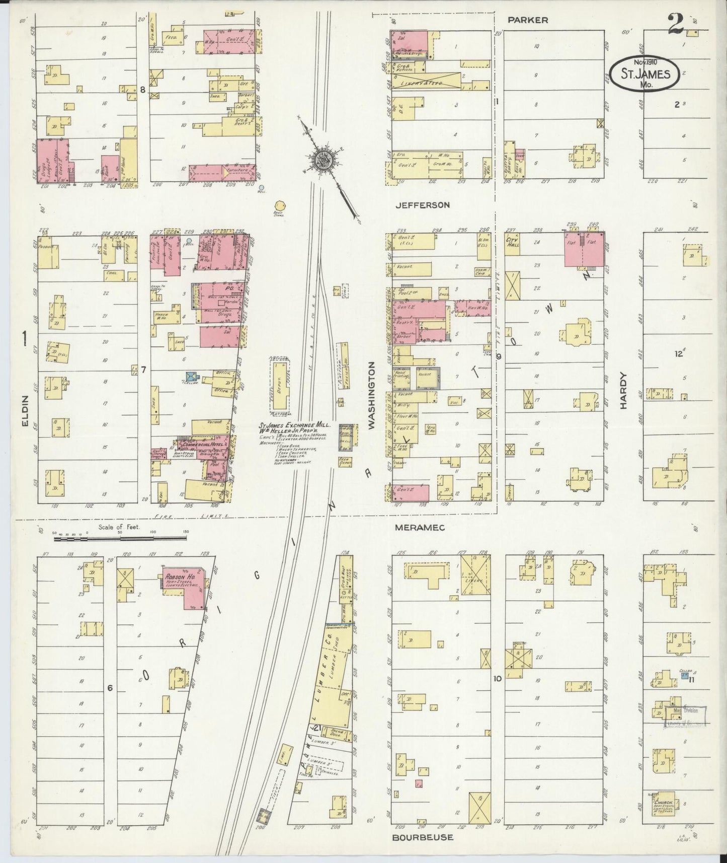 Sanborn Fire Insurance Map from Saint James, Phelps County, Missouri (1910), Sheet #0002 - Historic Sanborn Fire Insurance Map Print, vintage old map wall art, antique decor, genealogy gift, Missouri Missouri map