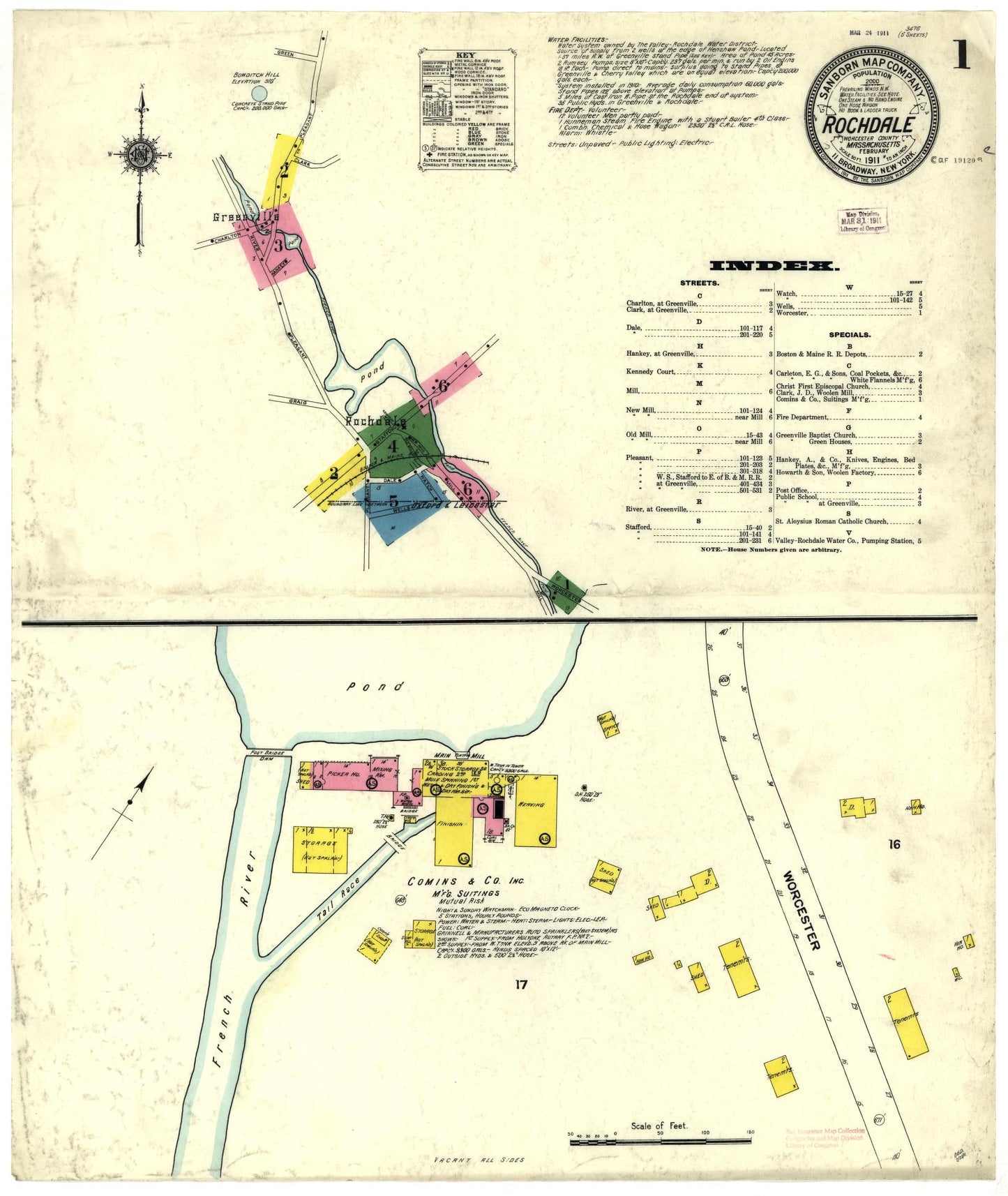 Sanborn Fire Insurance Map from Rochdale, Worcester County, Massachusetts (1911), Sheet #0001 - Historic Sanborn Fire Insurance Map Print, vintage old map wall art, antique decor, genealogy gift, Massachusetts Massachusetts map
