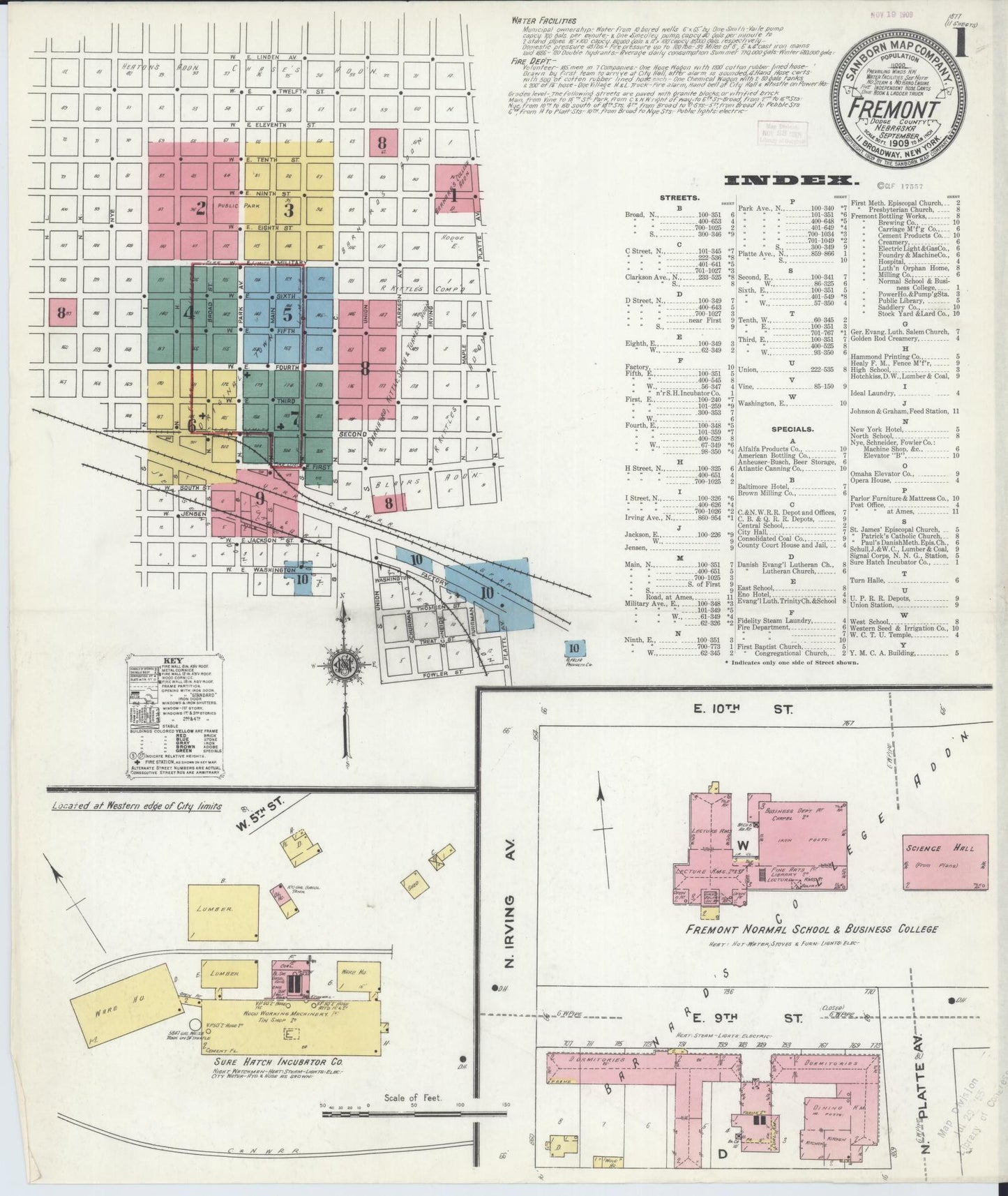 Sanborn Fire Insurance Map from Fremont, Dodge County, Nebraska (1909), Sheet #0001 - Historic Sanborn Fire Insurance Map Print, vintage old map wall art, antique decor, genealogy gift, Nebraska Nebraska map