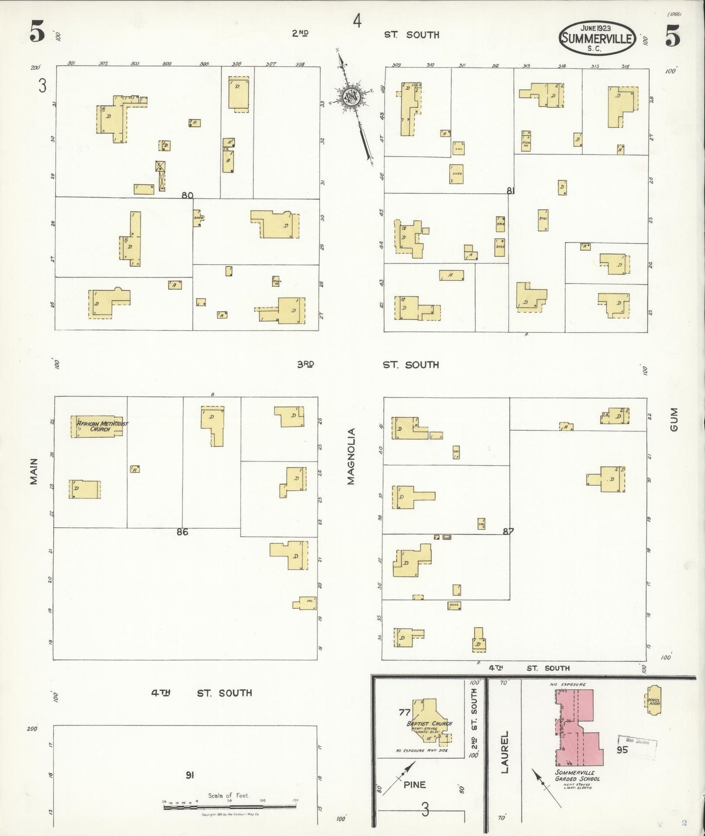 Sanborn Fire Insurance Map from Summerville, Dorchester County, South Carolina (1923), Sheet #0005 - Historic Sanborn Fire Insurance Map Print, vintage old map wall art, antique decor, genealogy gift, South Carolina South Carolina map