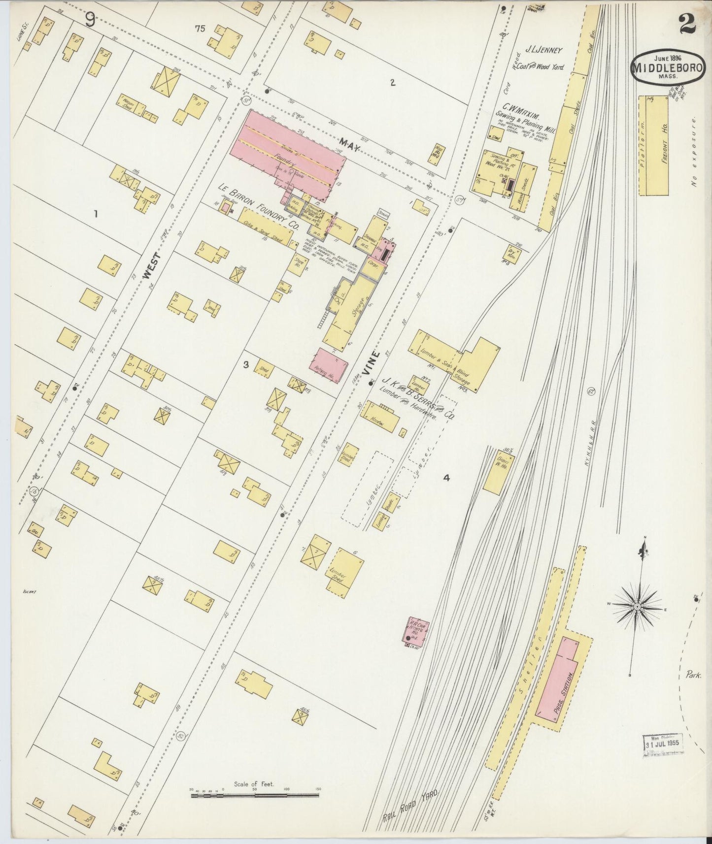 Sanborn Fire Insurance Map from Middleboro, Plymouth County, Massachusetts (1896), Sheet #0002 - Historic Sanborn Fire Insurance Map Print, vintage old map wall art, antique decor, genealogy gift, Massachusetts Massachusetts map