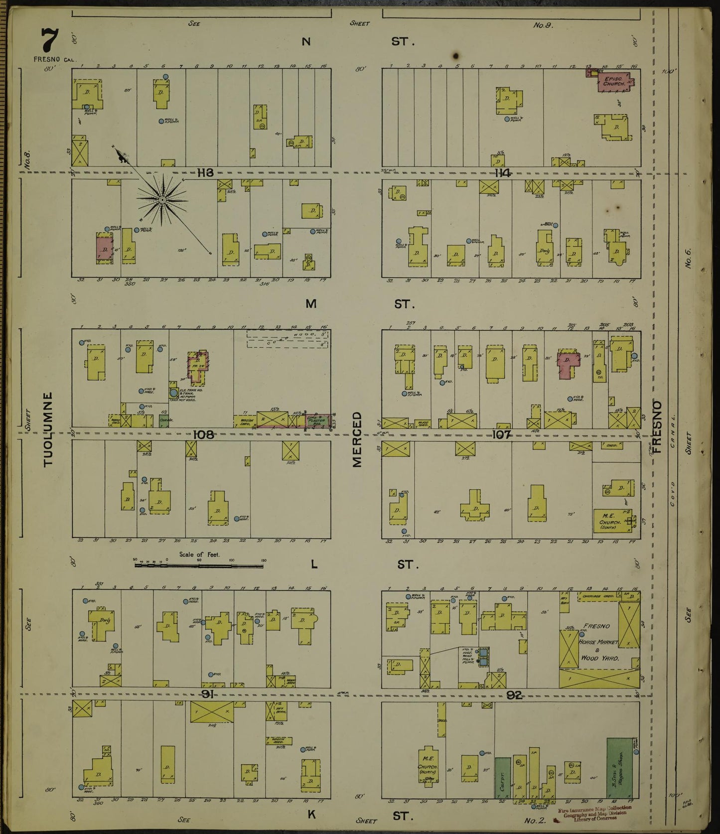 Sanborn Fire Insurance Map from Fresno, Fresno County, California (1888), Sheet #0007 - Historic Sanborn Fire Insurance Map Print, vintage old map wall art, antique decor, genealogy gift, California California map
