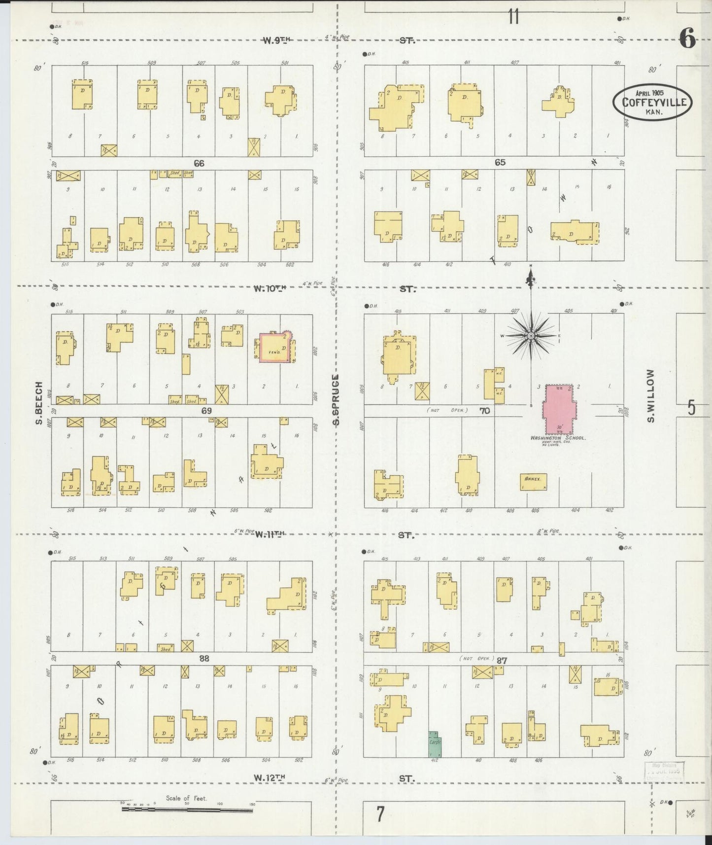 Sanborn Fire Insurance Map from Coffeyville, Montgomery County, Kansas (1905), Sheet #0006 - Historic Sanborn Fire Insurance Map Print, vintage old map wall art, antique decor, genealogy gift, Kansas Kansas map