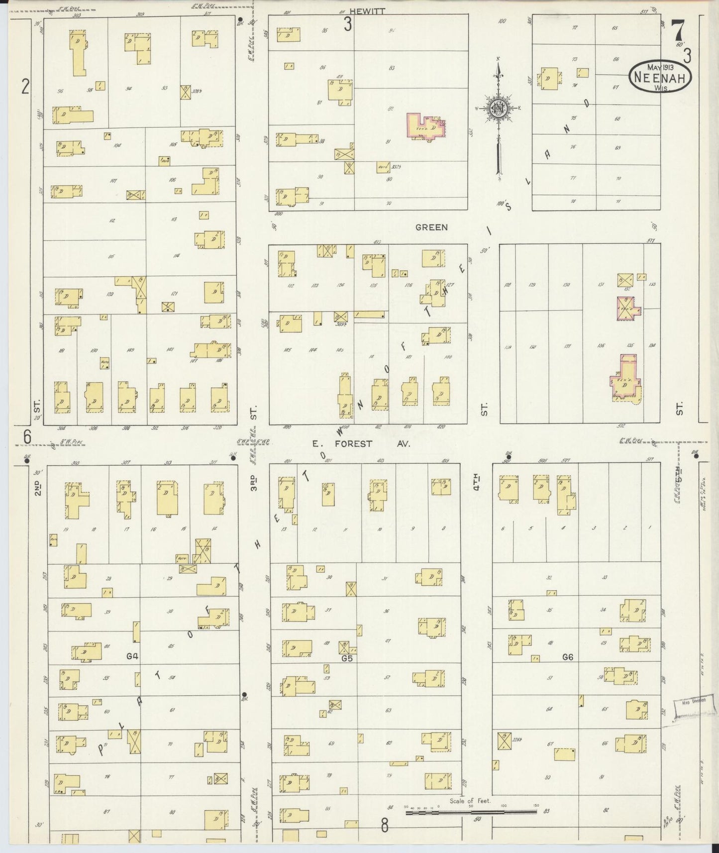 Sanborn Fire Insurance Map from Neenah, Winnebago County, Wisconsin (1913), Sheet #0007 - Historic Sanborn Fire Insurance Map Print, vintage old map wall art, antique decor, genealogy gift, Wisconsin Wisconsin map