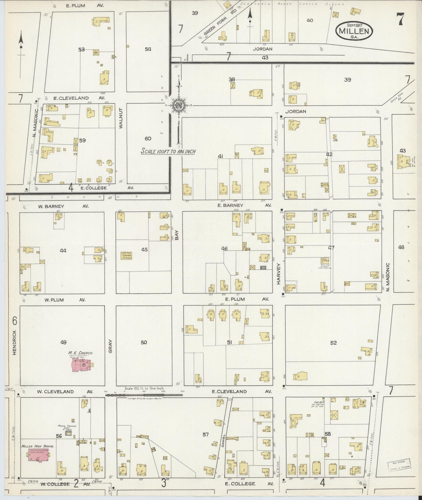 Sanborn Fire Insurance Map from Millen, Jenkins County, Georgia (1917), Sheet #0007 - Historic Sanborn Fire Insurance Map Print, vintage old map wall art, antique decor, genealogy gift, Georgia Georgia map