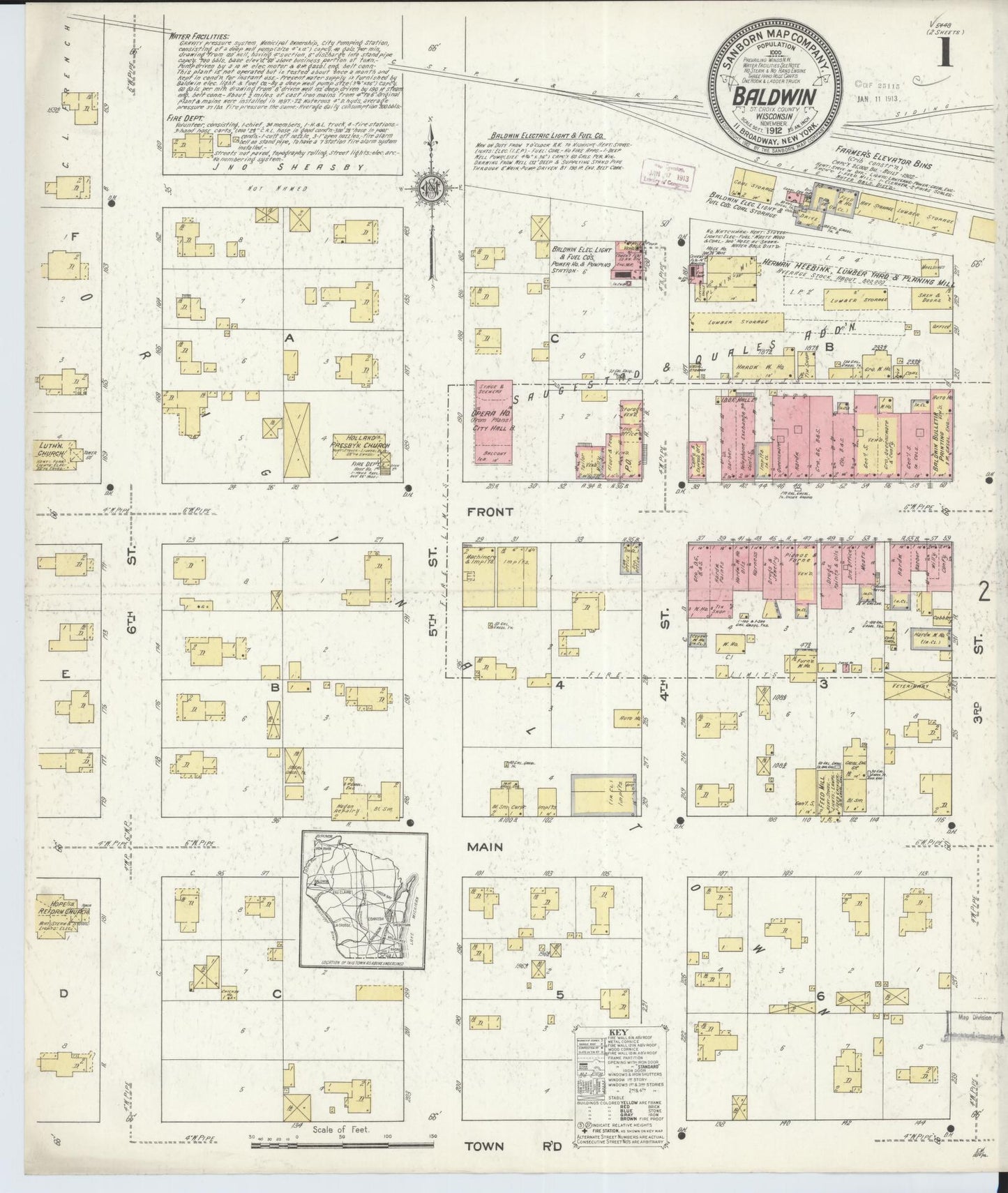 Sanborn Fire Insurance Map from Baldwin, St. Croix County, Wisconsin (1912), Sheet #0001 - Historic Sanborn Fire Insurance Map Print, vintage old map wall art, antique decor, genealogy gift, Wisconsin Wisconsin map