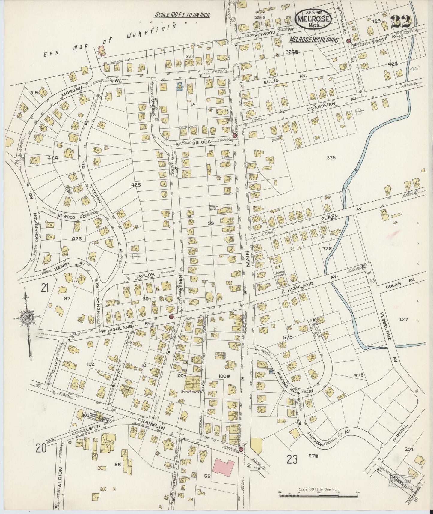 Sanborn Fire Insurance Map from Melrose, Middlesex County, Massachusetts (1915), Sheet #0022 - Historic Sanborn Fire Insurance Map Print, vintage old map wall art, antique decor, genealogy gift, Massachusetts Massachusetts map