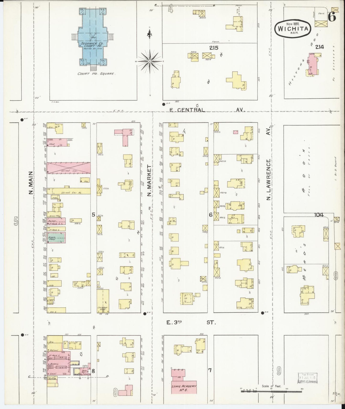 Sanborn Fire Insurance Map from Wichita, Sedgwick County, Kansas (1892), Sheet #0006 - Historic Sanborn Fire Insurance Map Print, vintage old map wall art, antique decor, genealogy gift, Kansas Kansas map