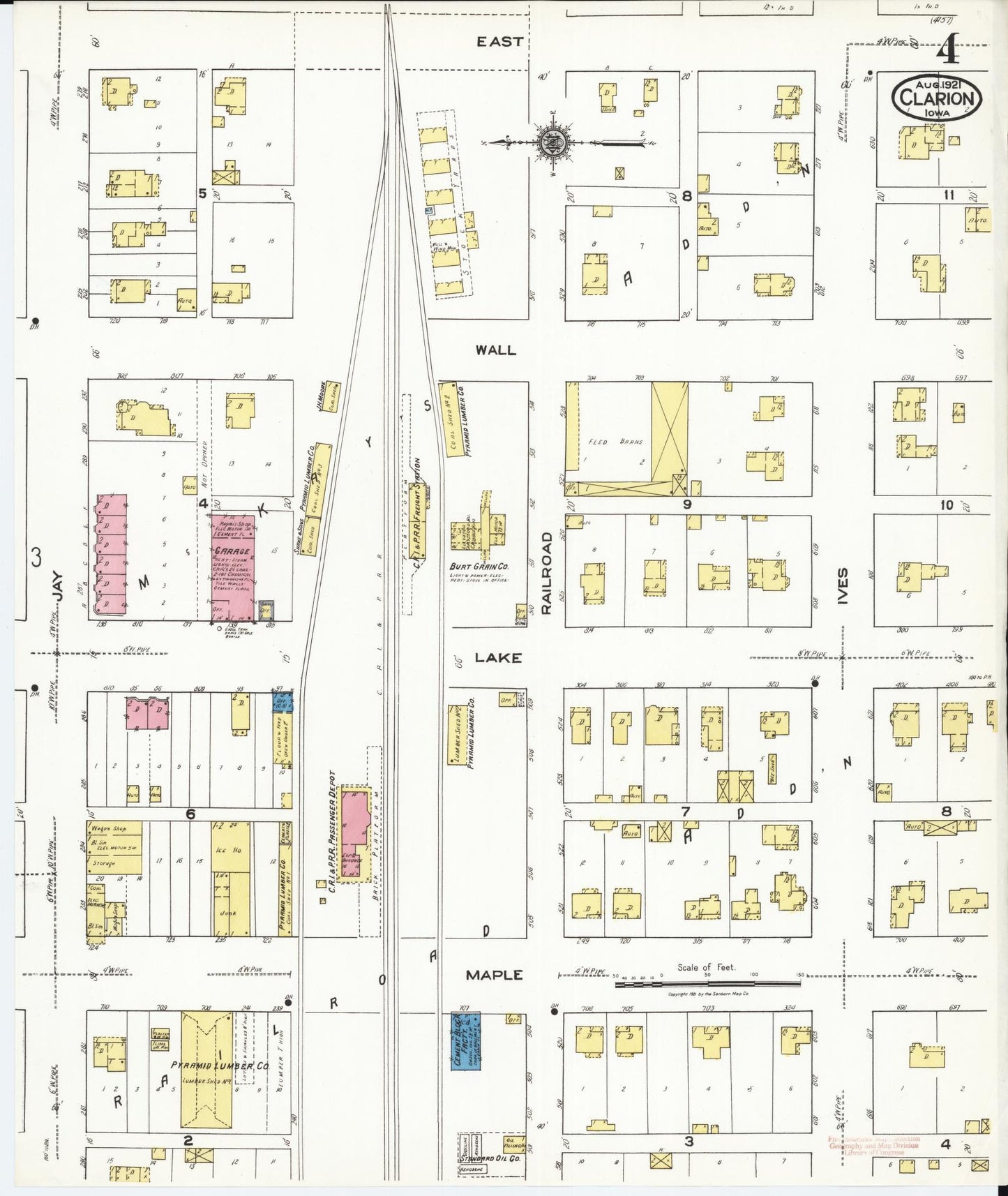 Sanborn Fire Insurance Map from Clarion, Wright County, Iowa (1921), Sheet #0004 - Historic Sanborn Fire Insurance Map Print, vintage old map wall art