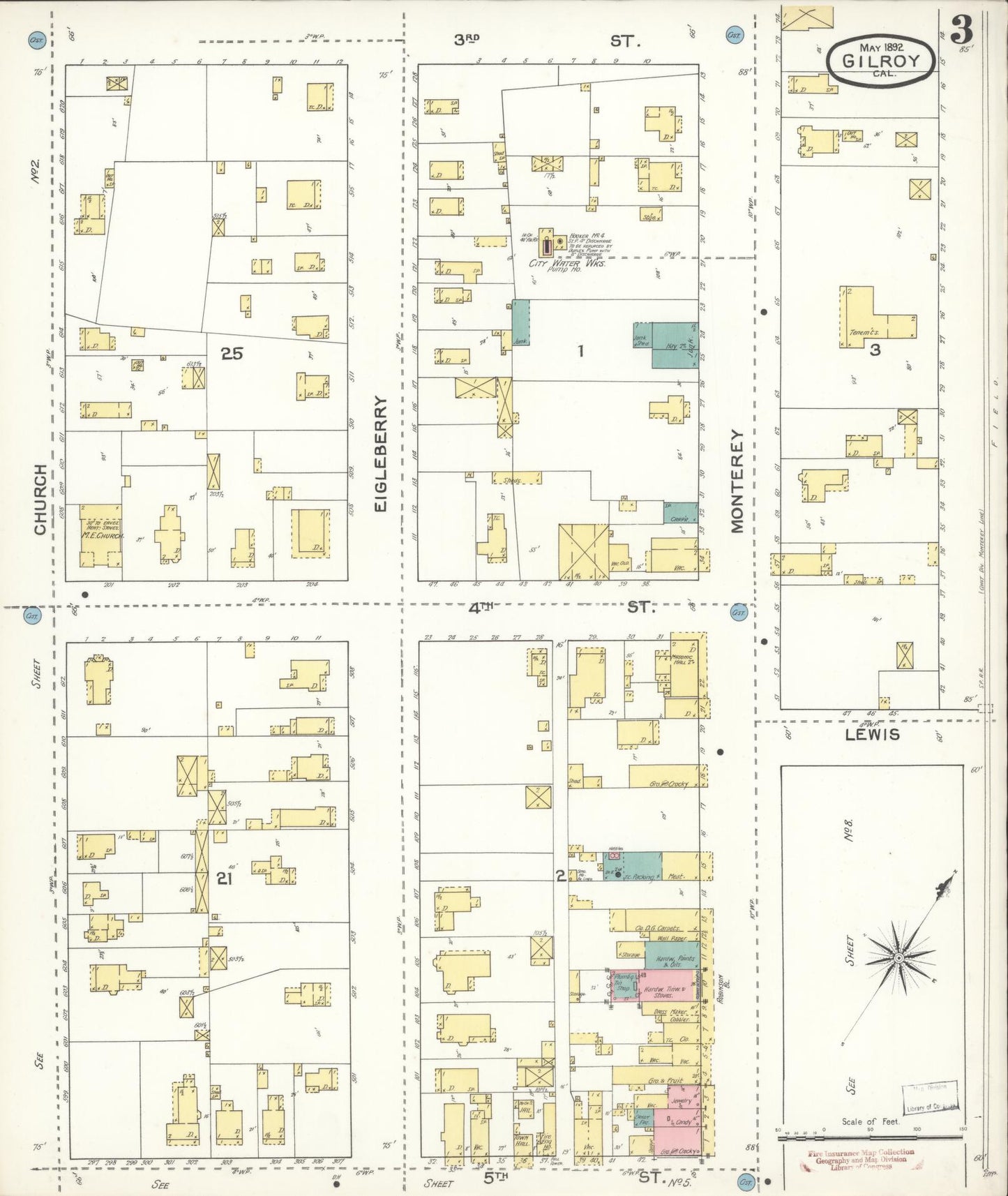 Sanborn Fire Insurance Map from Gilroy, Santa Clara County, California (1892), Sheet #0003 - Historic Sanborn Fire Insurance Map Print, vintage old map wall art, antique decor, genealogy gift, California California map