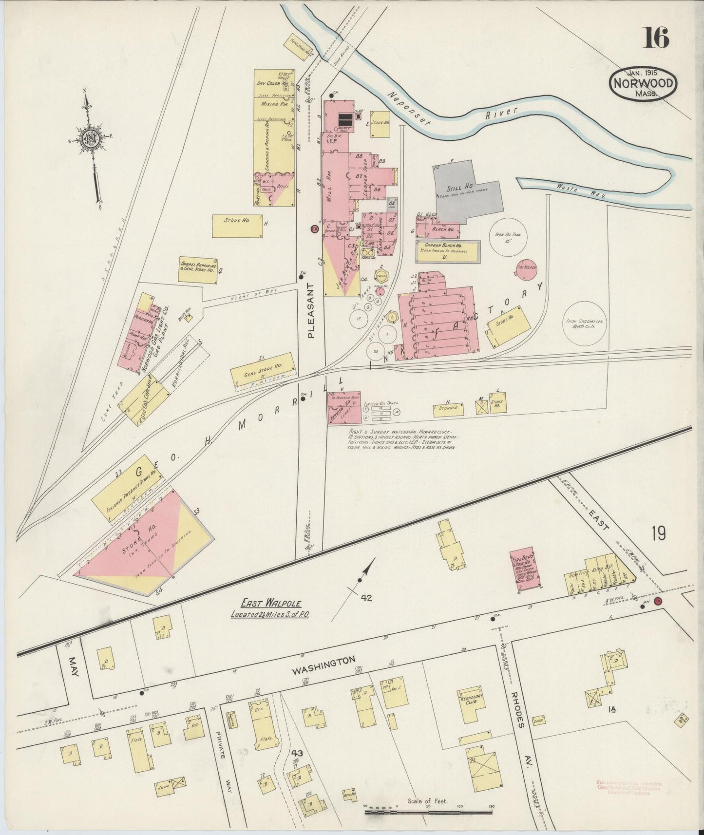 Sanborn Fire Insurance Map from Norwood, Norfolk County, Massachusetts (1915), Sheet #0016 - Historic Sanborn Fire Insurance Map Print, vintage old map wall art, antique decor, genealogy gift, Massachusetts Massachusetts map