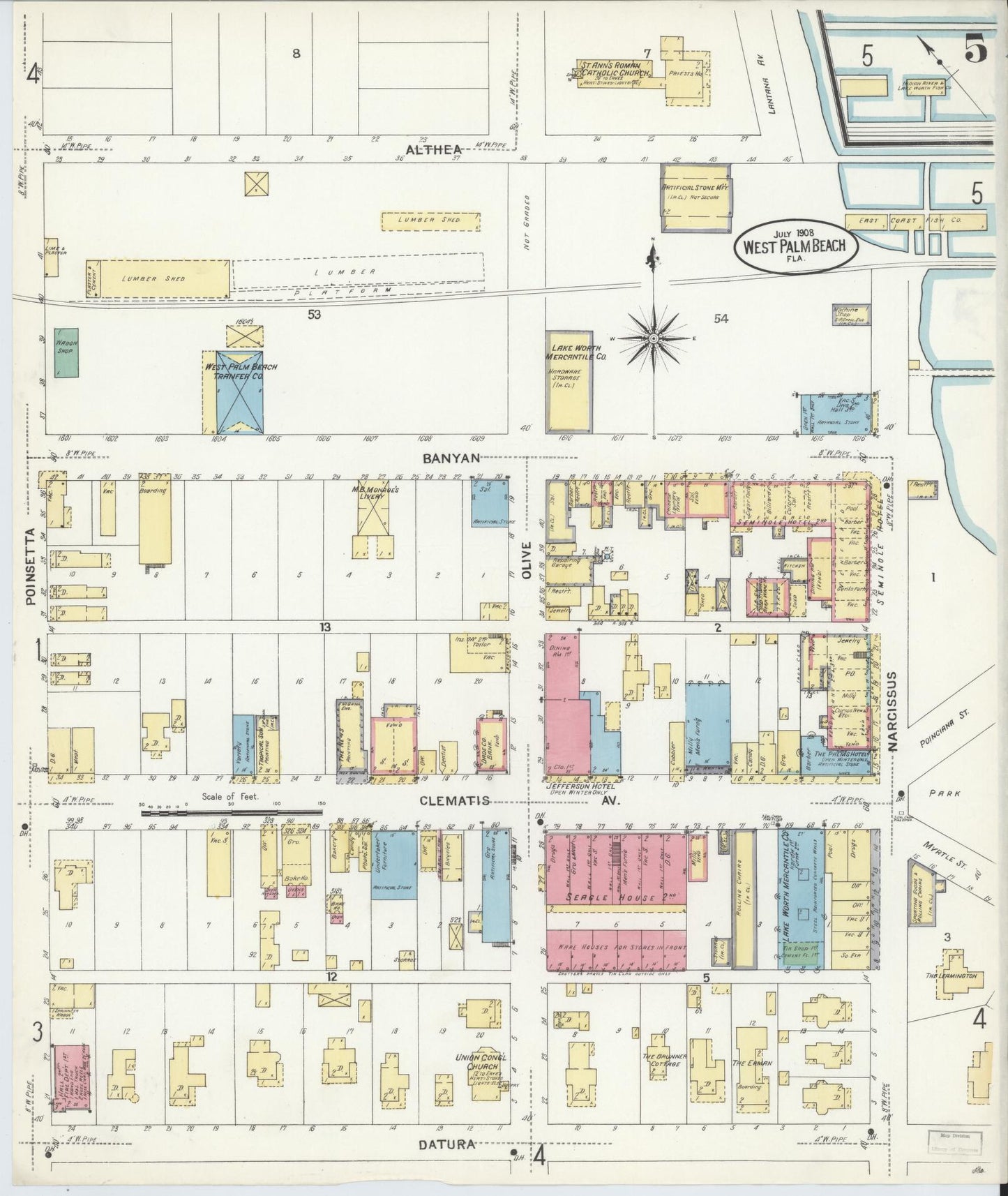Sanborn Fire Insurance Map from West Palm Beach, Dade County, Florida (1908), Sheet #0005 - Historic Sanborn Fire Insurance Map Print, vintage old map wall art, antique decor, genealogy gift, Florida Florida map