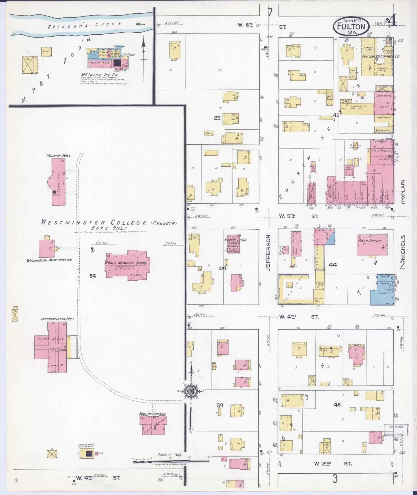 Sanborn Fire Insurance Map from Fulton, Callaway County, Missouri (1917), Sheet #0004 - Historic Sanborn Fire Insurance Map Print, vintage old map wall art, antique decor, genealogy gift, Missouri Missouri map